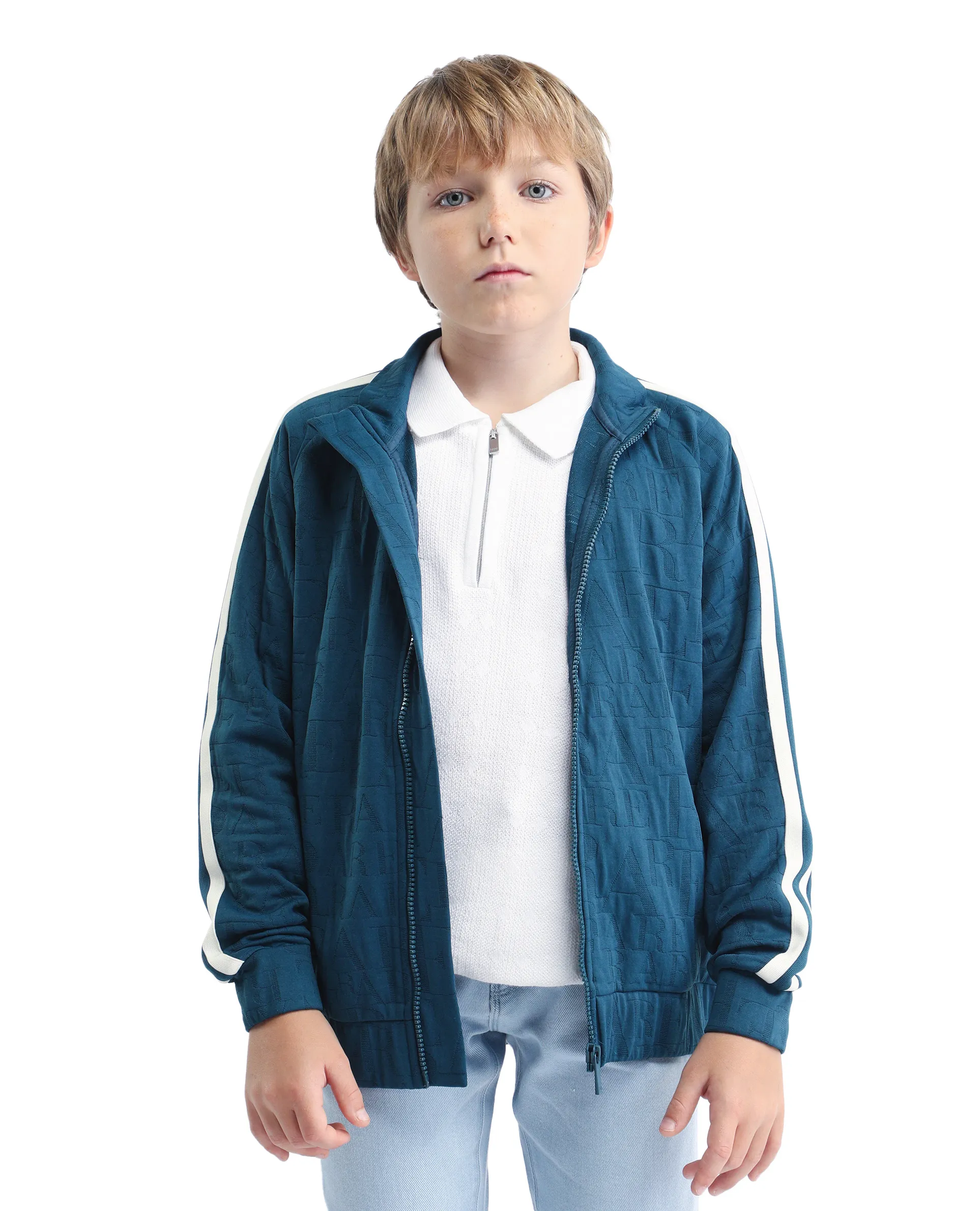 Rare Ones Kids Amni Teal Polyester Blend Zipper Closure High Neck Jacquard Full Sleeves Regular Fit Jacket - Image 3