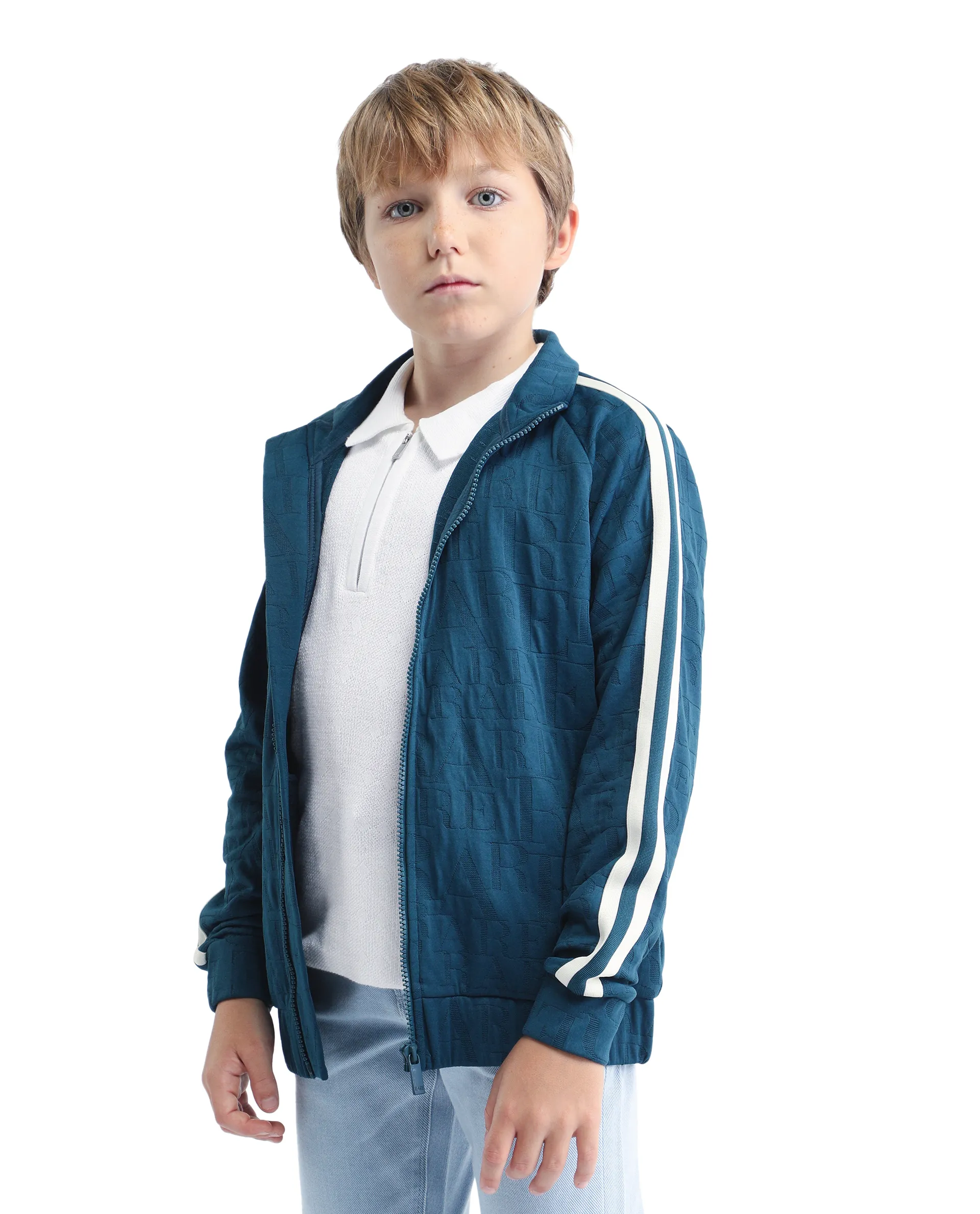 Rare Ones Kids Amni Teal Polyester Blend Zipper Closure High Neck Jacquard Full Sleeves Regular Fit Jacket - Image 5