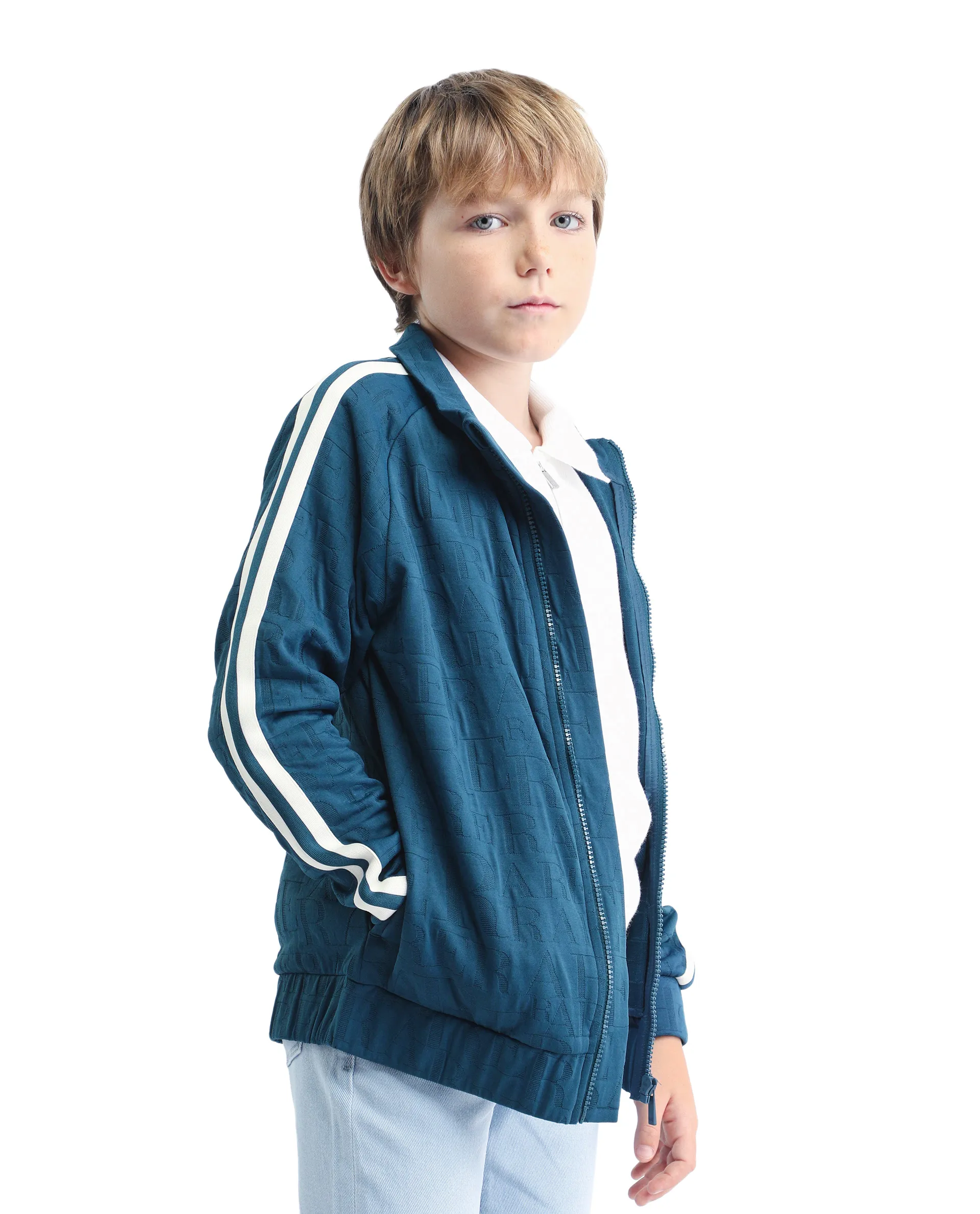 Rare Ones Kids Amni Teal Polyester Blend Zipper Closure High Neck Jacquard Full Sleeves Regular Fit Jacket - Image 6
