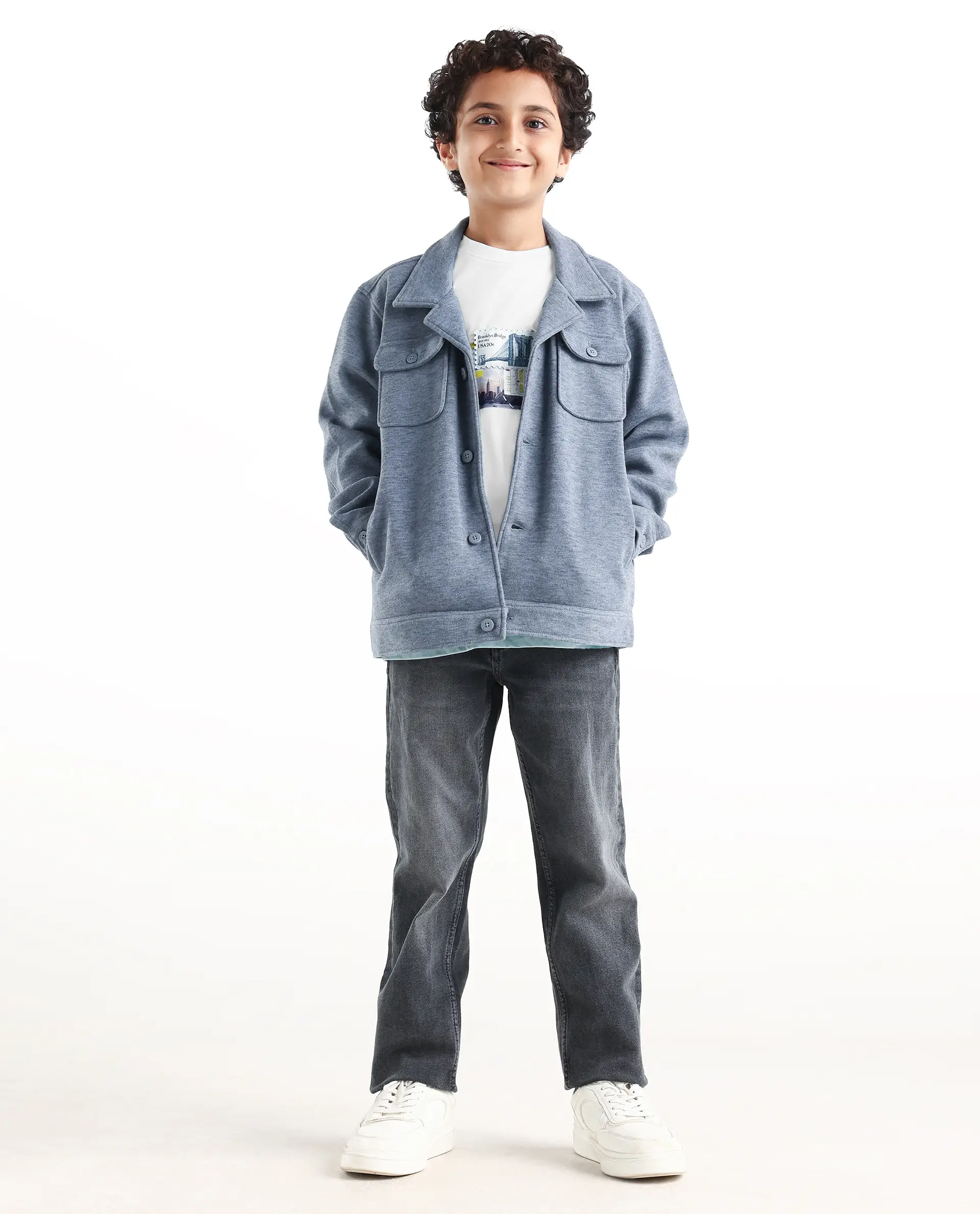 Rare Ones Kids Bochin Blue Polyester Button Closure Flat Collar Plain Full Sleeves Regular Fit Jacket - Image 2