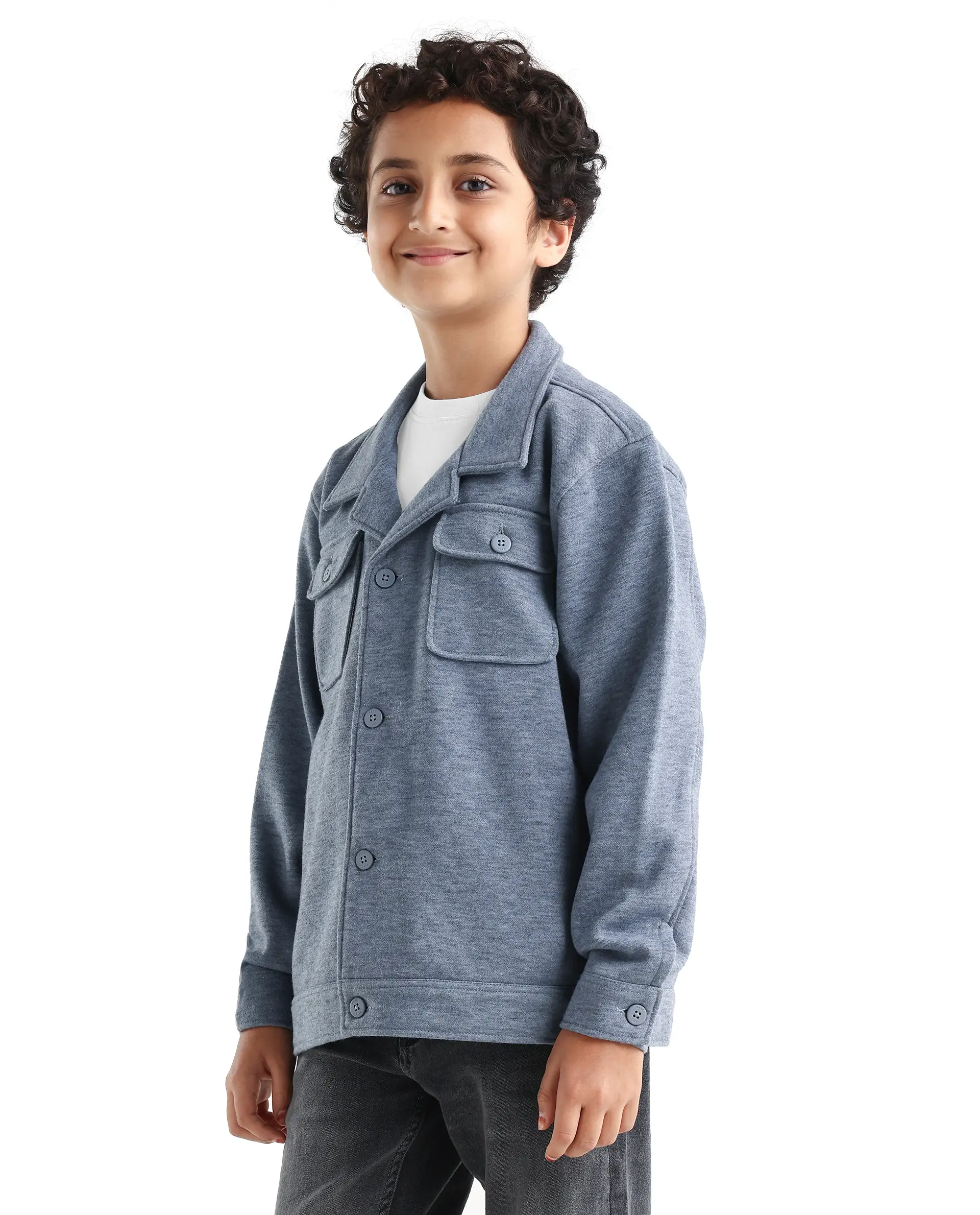 Rare Ones Kids Bochin Blue Polyester Button Closure Flat Collar Plain Full Sleeves Regular Fit Jacket - Image 5