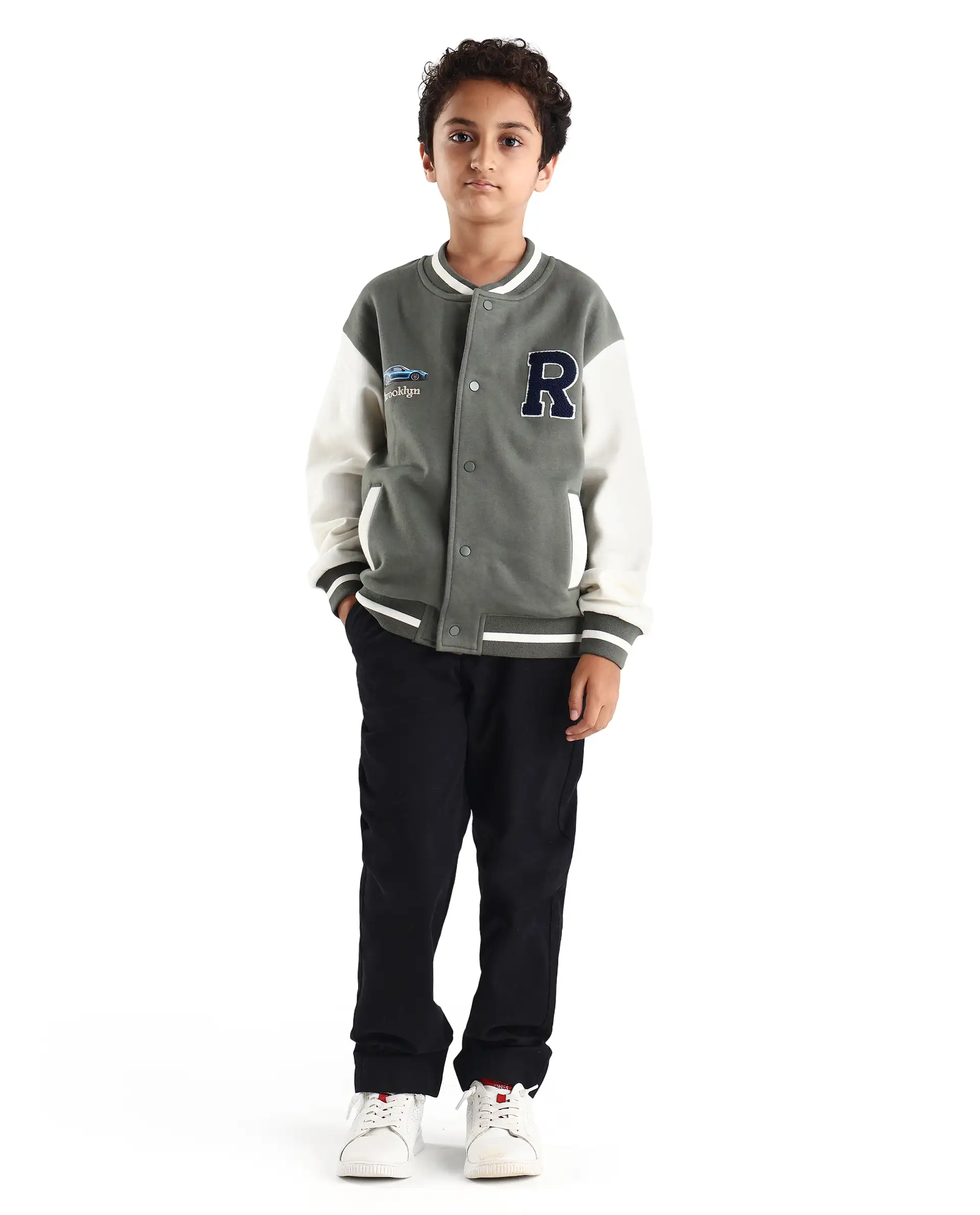 Rare Ones Kids Brook Dusky Green Cotton Blend Button Closure Ribbed Collar Plain Full Sleeves Slim Fit Jacket - Image 2