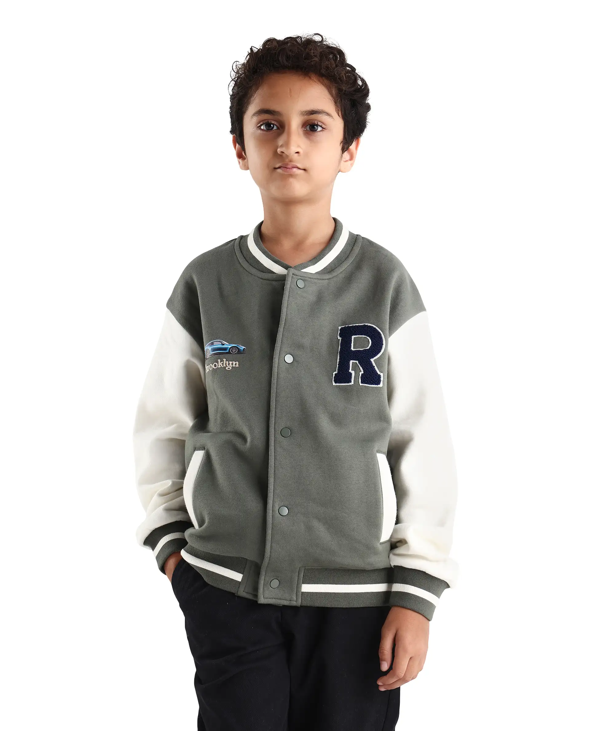 Rare Ones Kids Brook Dusky Green Cotton Blend Button Closure Ribbed Collar Plain Full Sleeves Slim Fit Jacket - Image 3