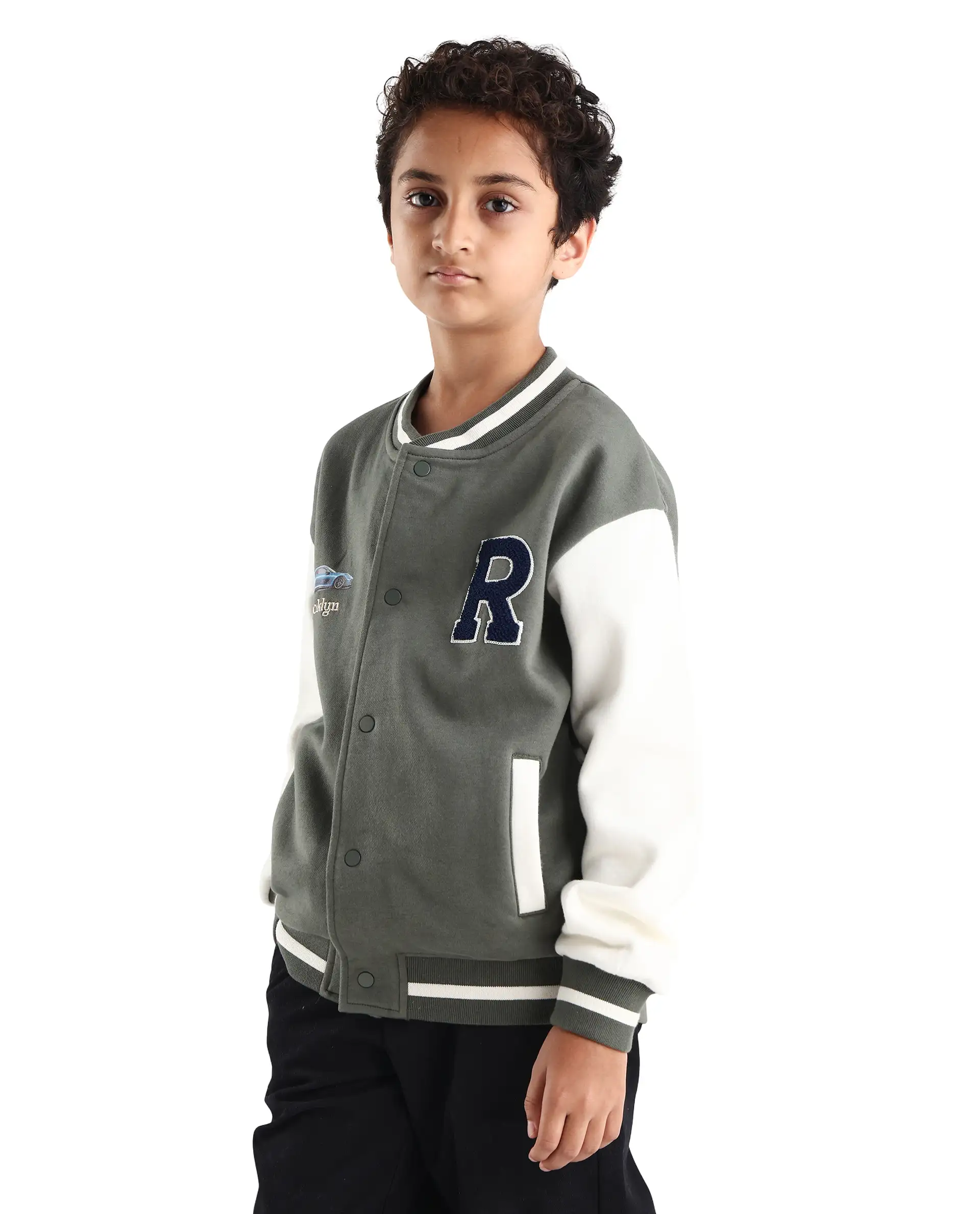 Rare Ones Kids Brook Dusky Green Cotton Blend Button Closure Ribbed Collar Plain Full Sleeves Slim Fit Jacket - Image 5