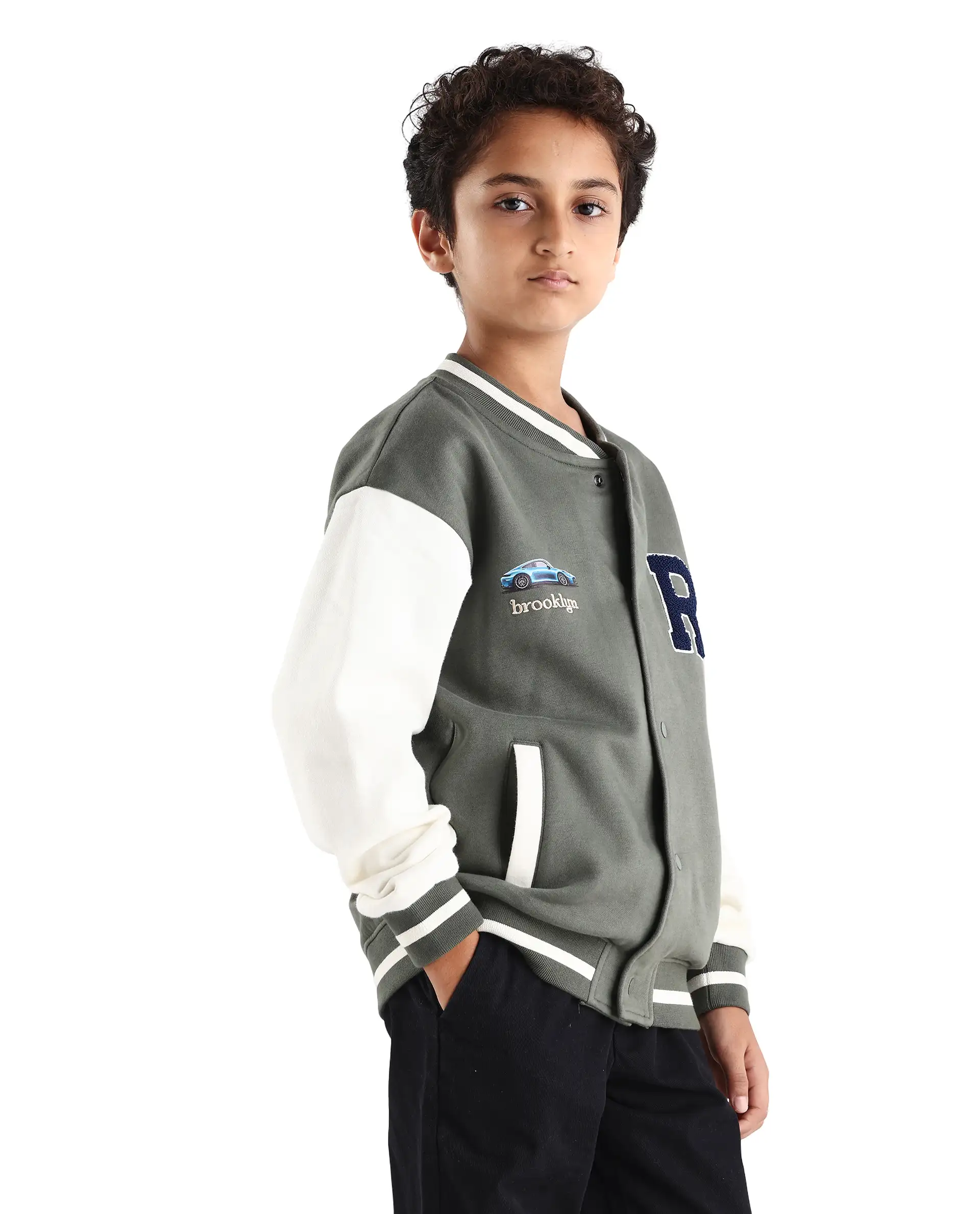 Rare Ones Kids Brook Dusky Green Cotton Blend Button Closure Ribbed Collar Plain Full Sleeves Slim Fit Jacket - Image 6