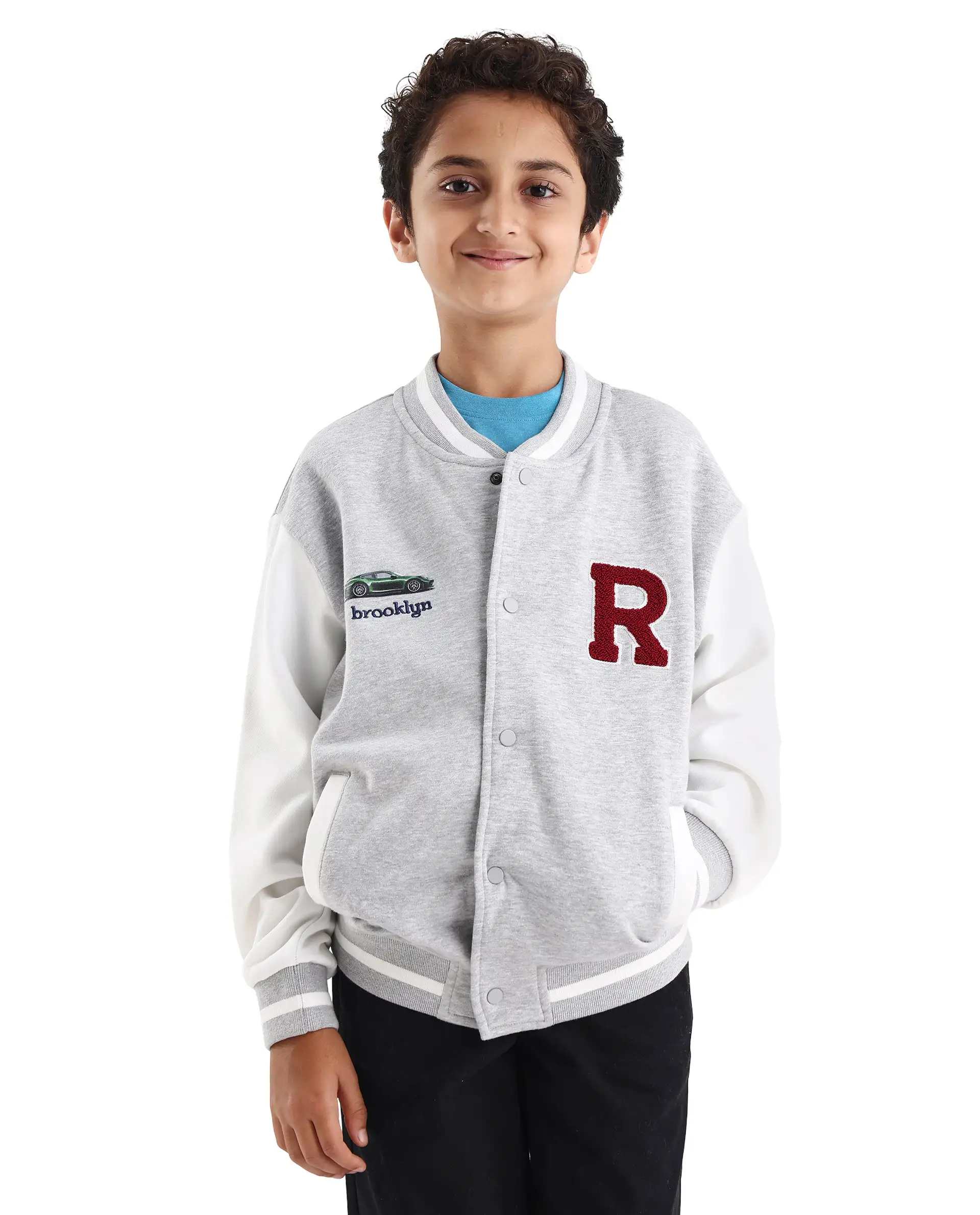 Rare Ones Kids Brook Grey Cotton Blend Button Closure Ribbed Collar Plain Full Sleeves Slim Fit Jacket - Image 3