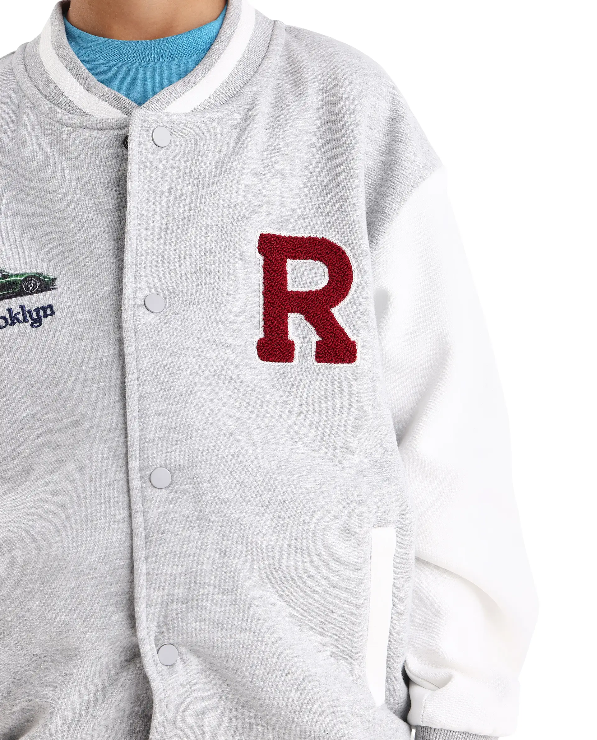Rare Ones Kids Brook Grey Cotton Blend Button Closure Ribbed Collar Plain Full Sleeves Slim Fit Jacket - Image 4