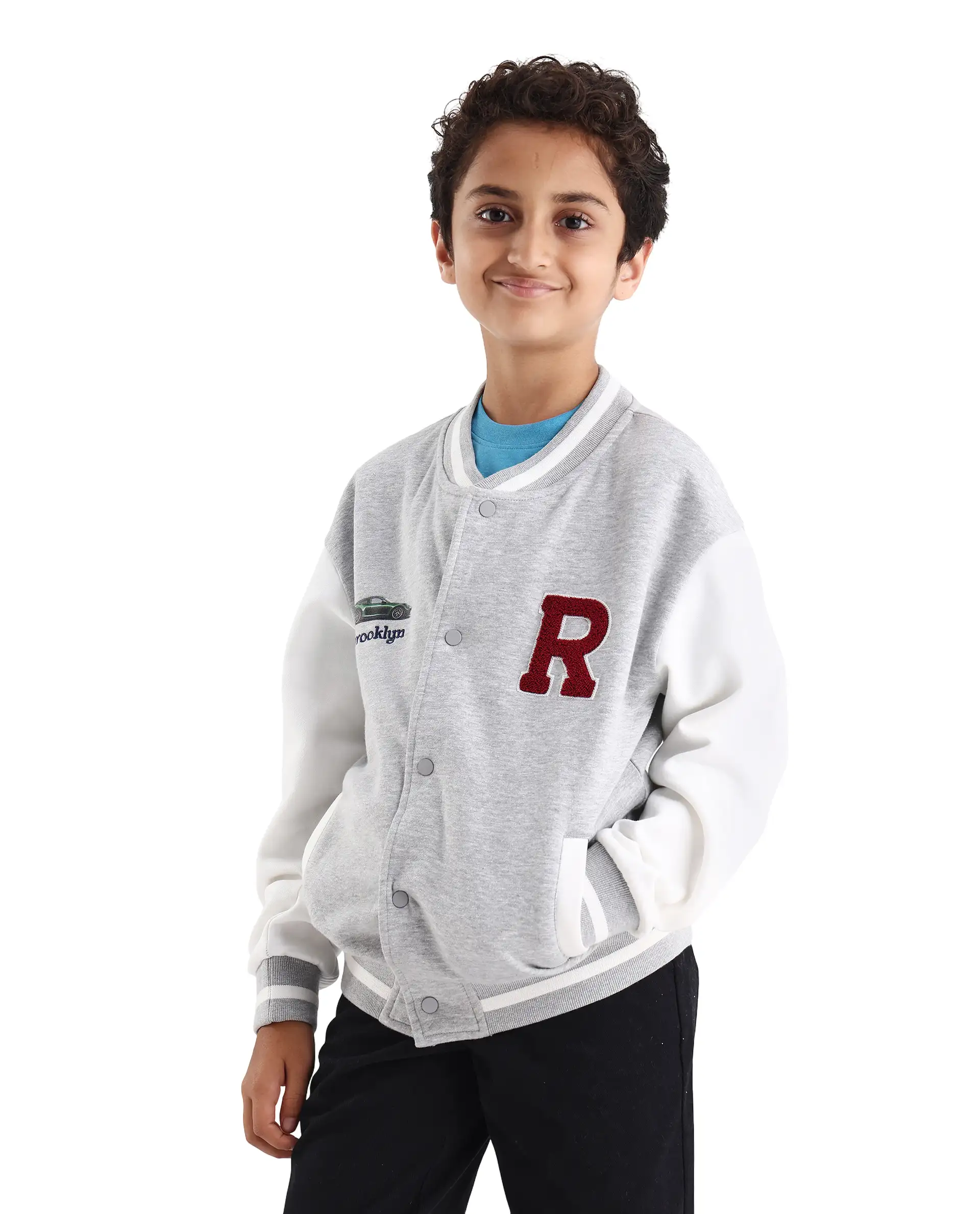 Rare Ones Kids Brook Grey Cotton Blend Button Closure Ribbed Collar Plain Full Sleeves Slim Fit Jacket - Image 5