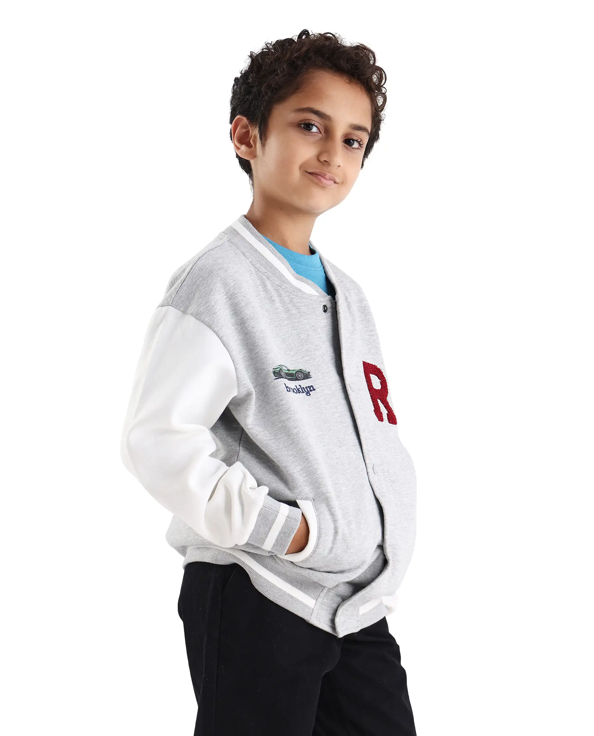 Rare Ones Kids Brook Grey Cotton Blend Button Closure Ribbed Collar Plain Full Sleeves Slim Fit Jacket - Image 6