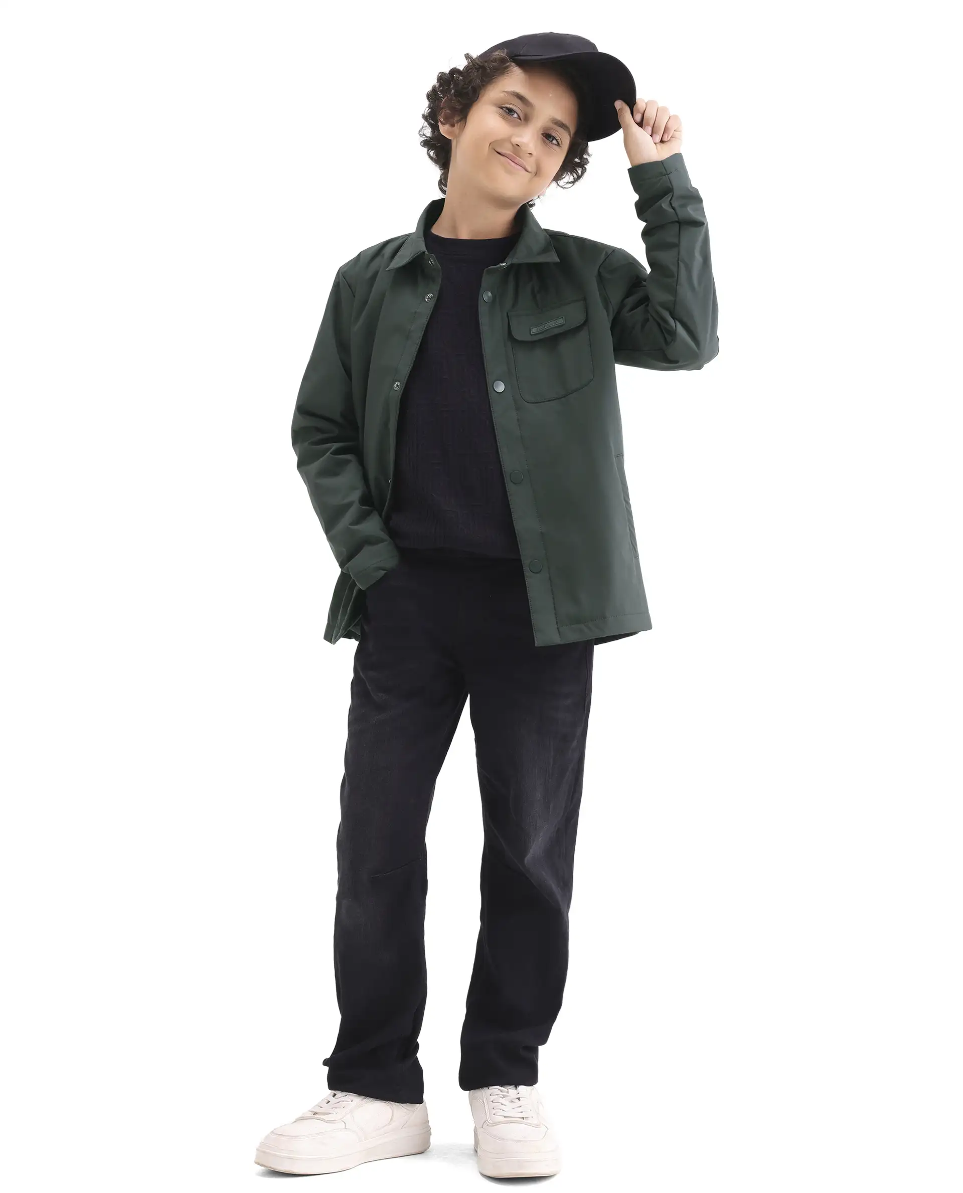 Rare Ones Kids Fagu-K Green Polyester Button Closure Flat Collar Plain Full Sleeves Regular Fit Jacket - Image 2