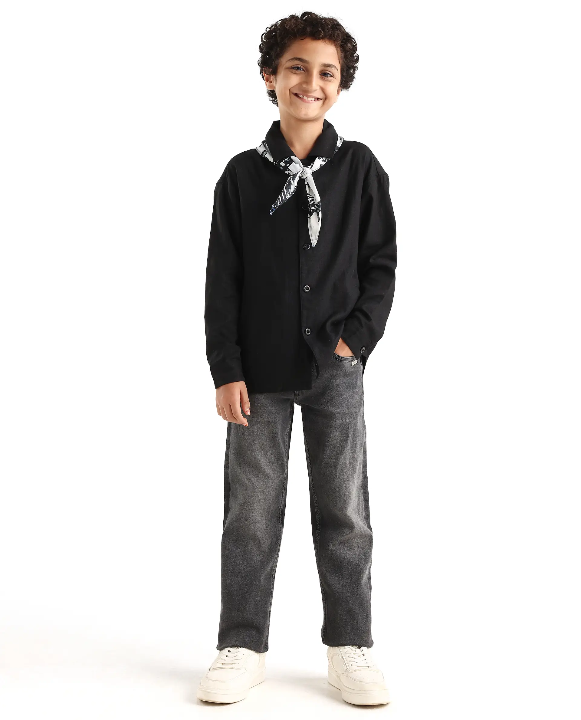 Rare Ones Kids Jomok-T Black Linen Blend Button Closure Flat Collar Plain Full Sleeves Regular Fit Jacket - Image 2