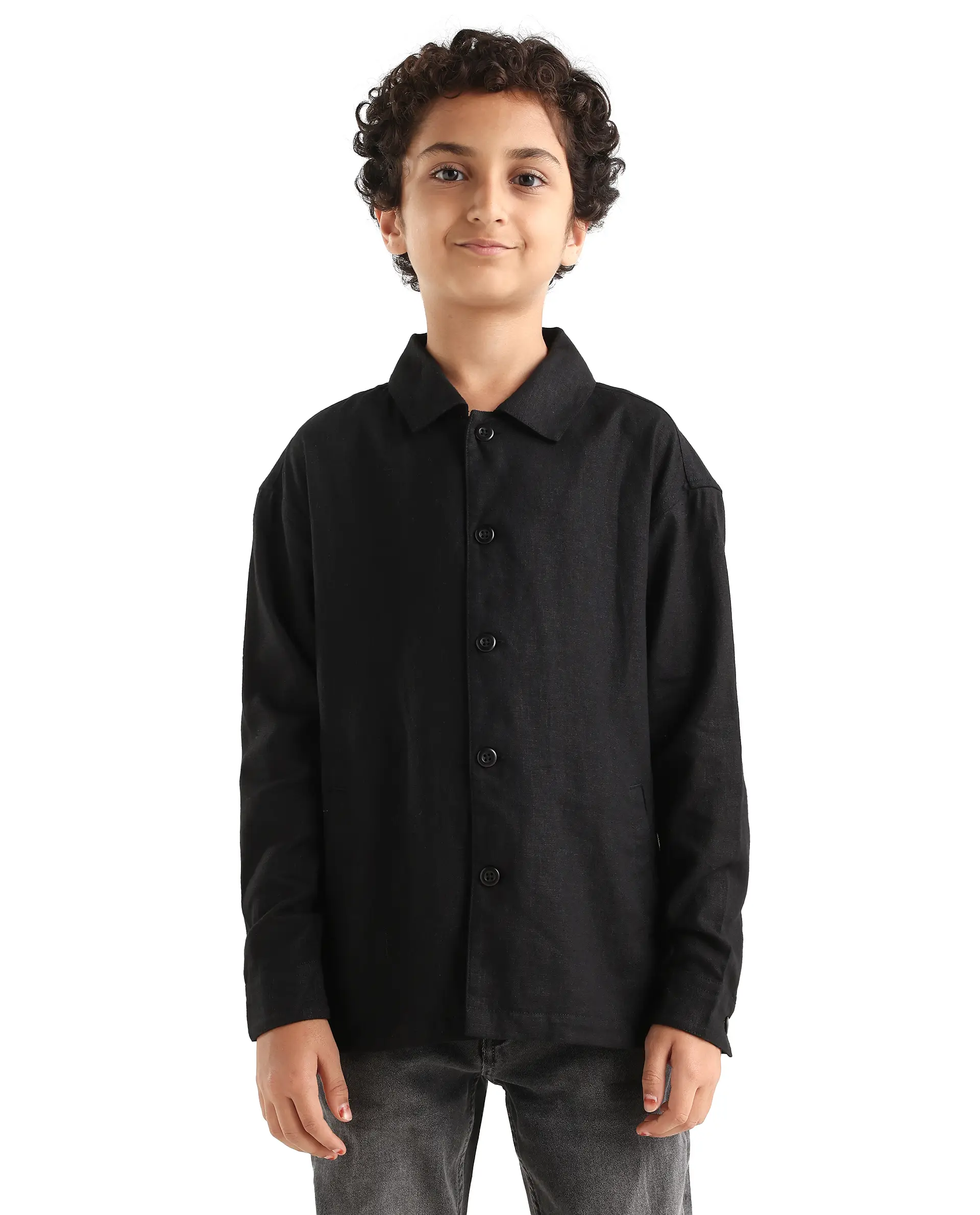 Rare Ones Kids Jomok-T Black Linen Blend Button Closure Flat Collar Plain Full Sleeves Regular Fit Jacket - Image 3