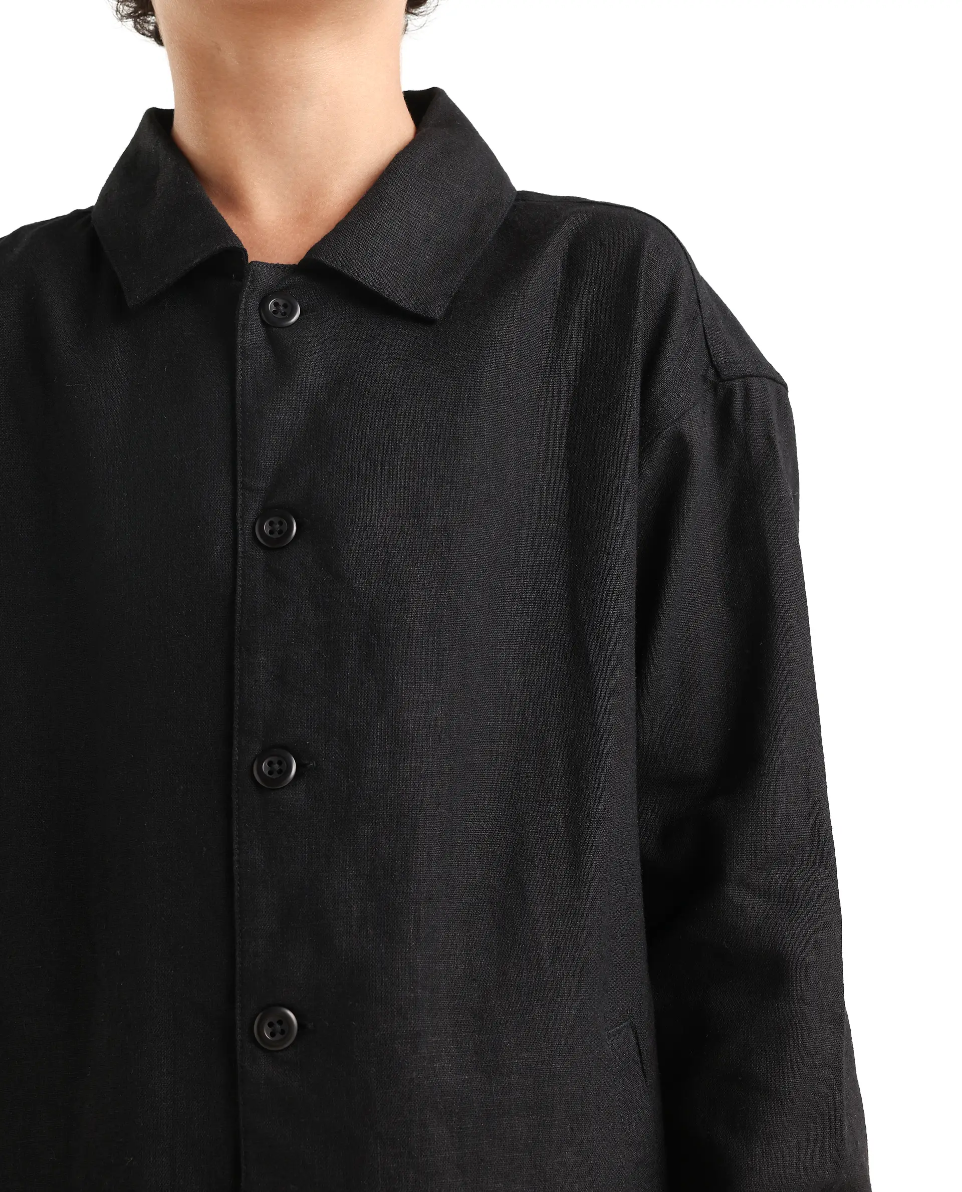 Rare Ones Kids Jomok-T Black Linen Blend Button Closure Flat Collar Plain Full Sleeves Regular Fit Jacket - Image 4