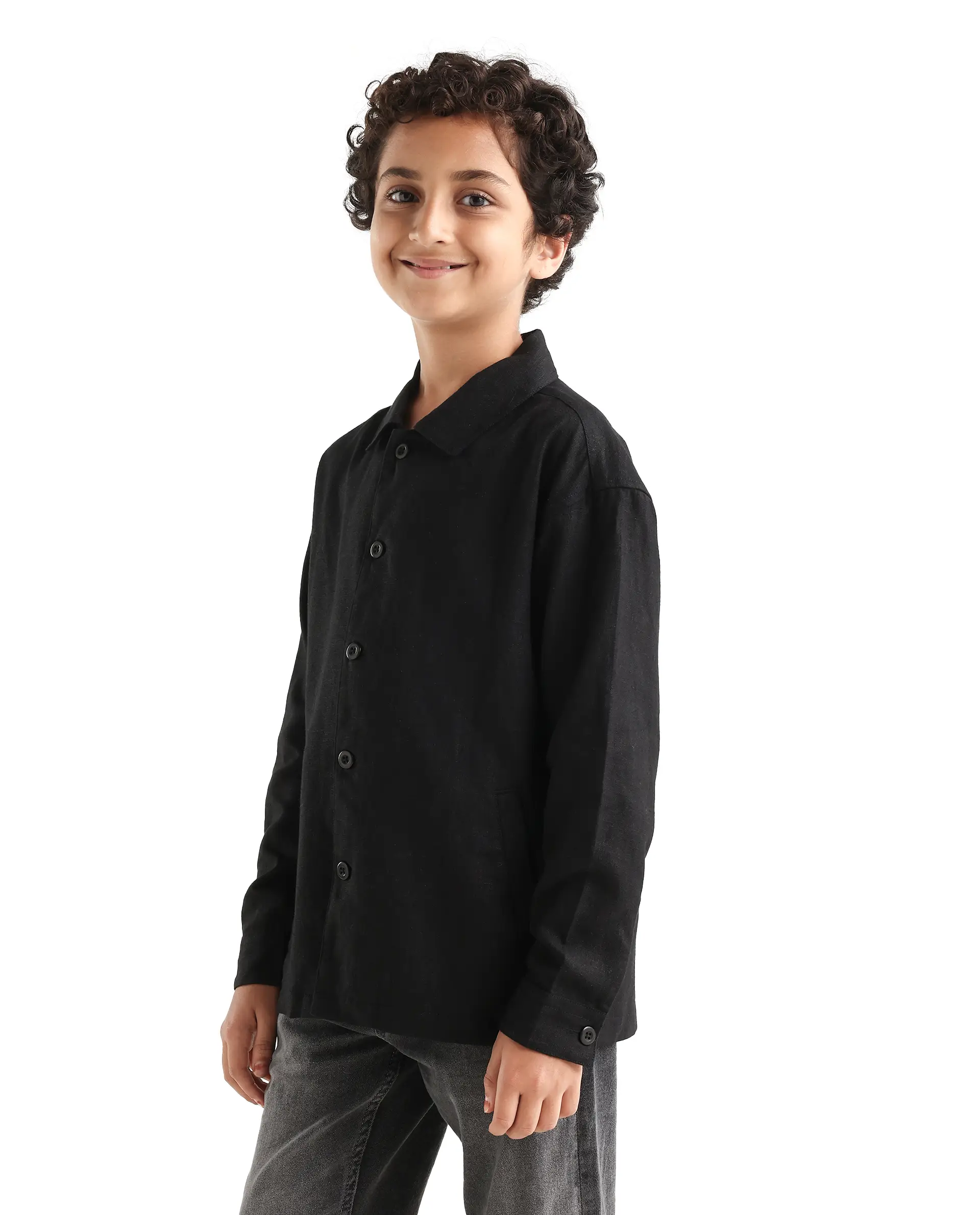 Rare Ones Kids Jomok-T Black Linen Blend Button Closure Flat Collar Plain Full Sleeves Regular Fit Jacket - Image 5