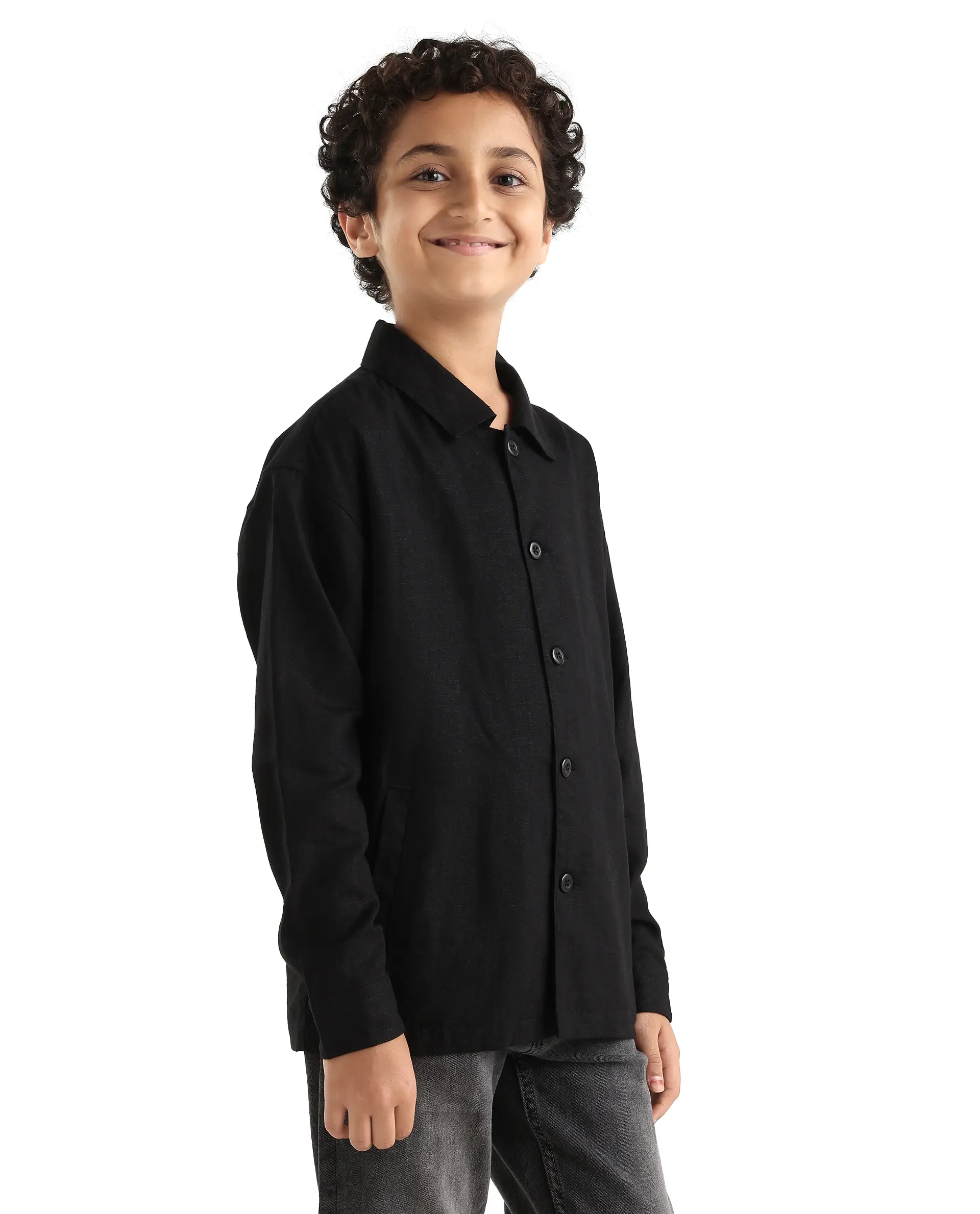 Rare Ones Kids Jomok-T Black Linen Blend Button Closure Flat Collar Plain Full Sleeves Regular Fit Jacket - Image 6