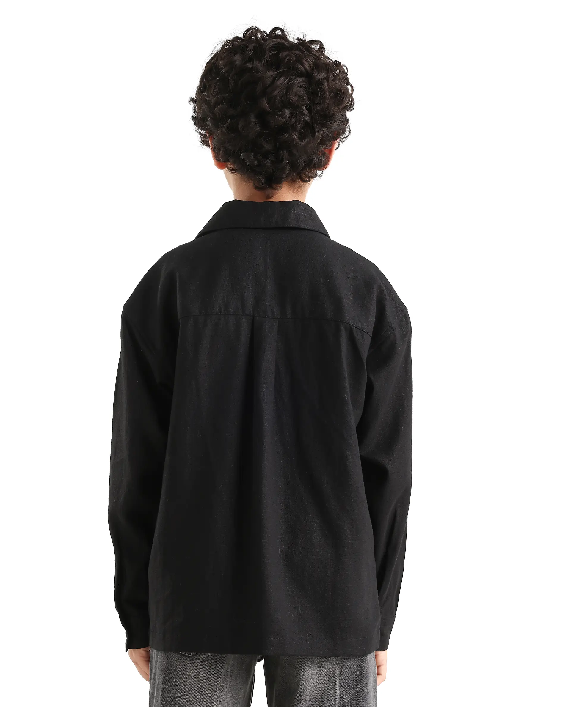 Rare Ones Kids Jomok-T Black Linen Blend Button Closure Flat Collar Plain Full Sleeves Regular Fit Jacket - Image 7