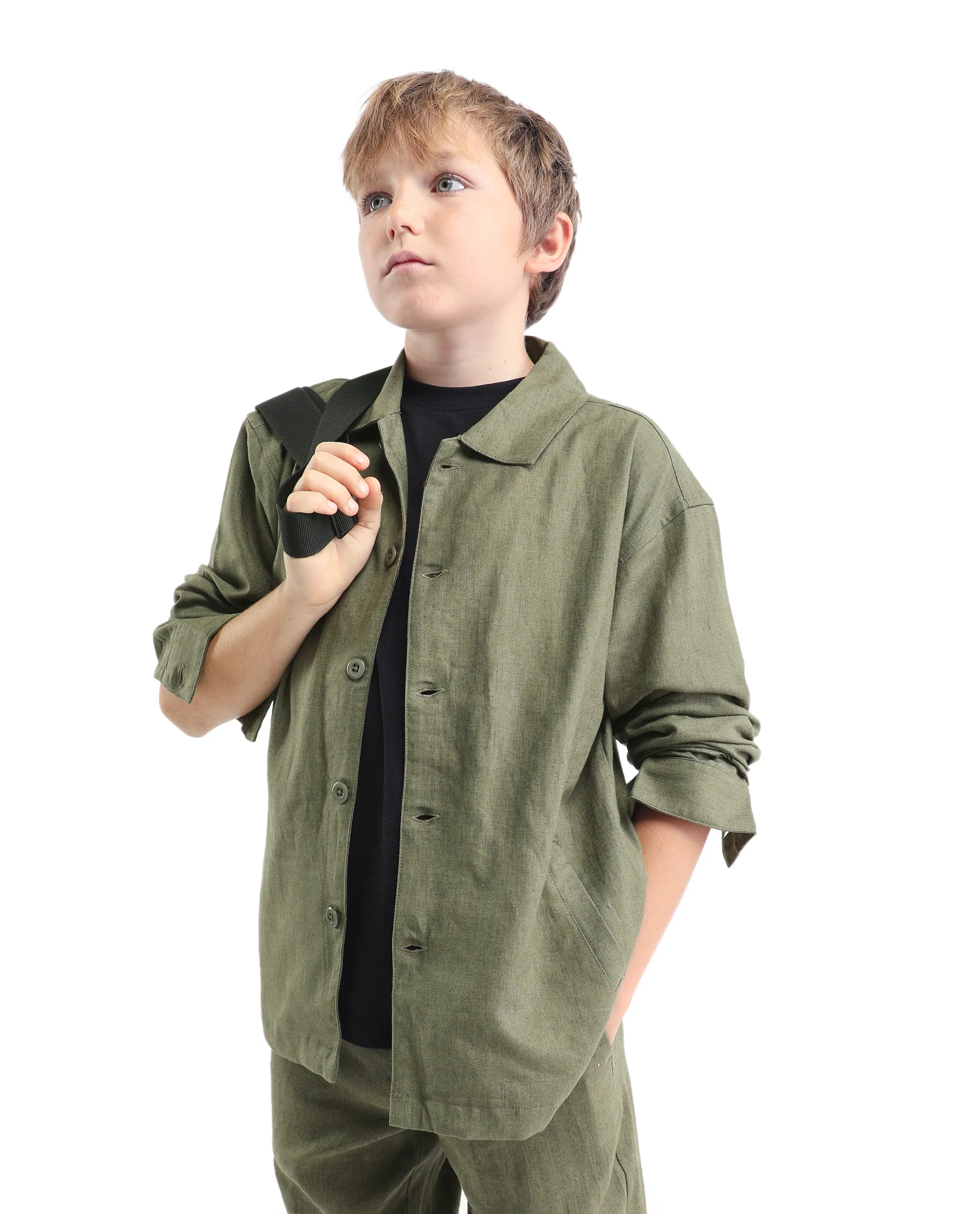 Rare Ones Kids Jomok-T Olive Linen Blend Button Closure Flat Collar Plain Full Sleeves Regular Fit Jacket