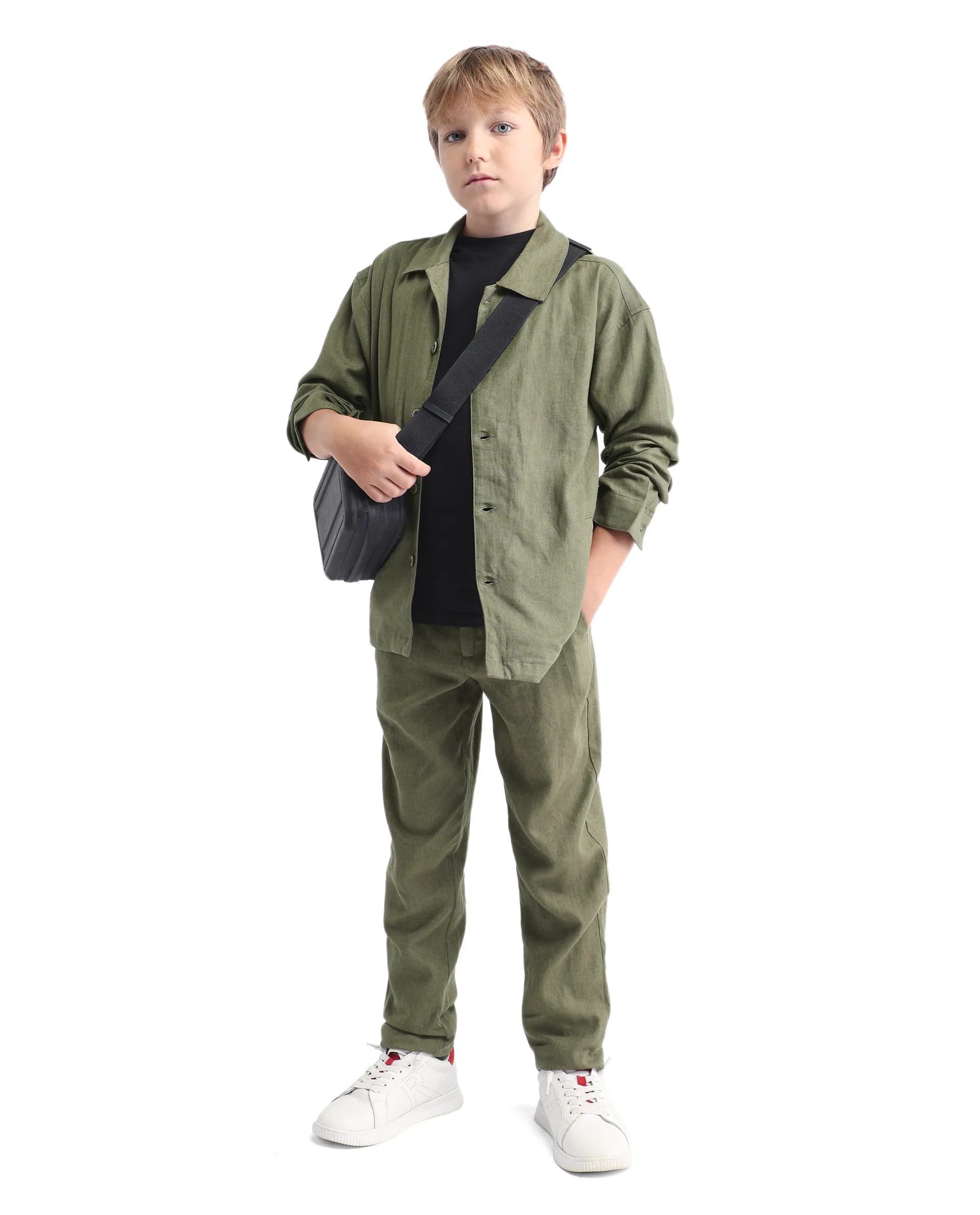 Rare Ones Kids Jomok-T Olive Linen Blend Button Closure Flat Collar Plain Full Sleeves Regular Fit Jacket - Image 2