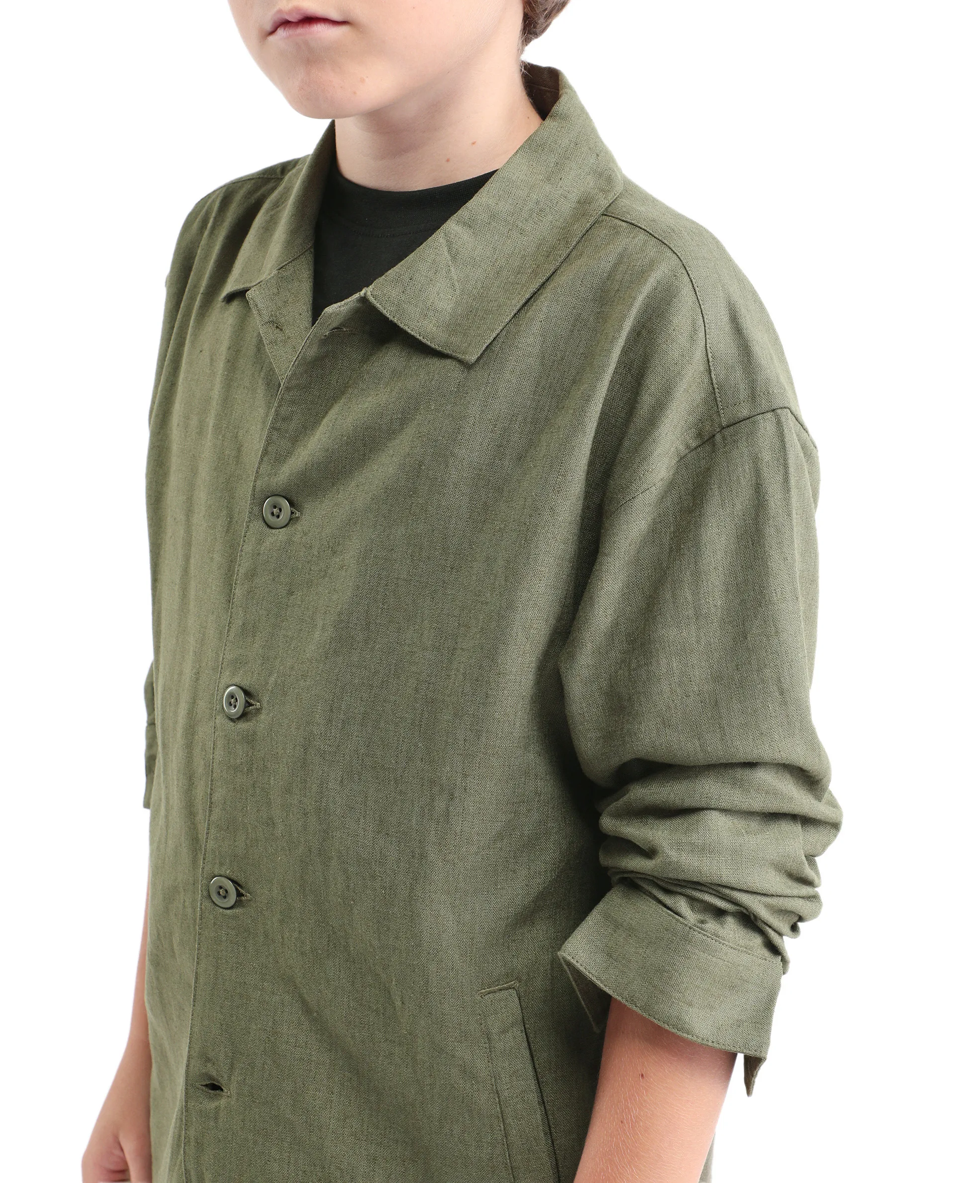Rare Ones Kids Jomok-T Olive Linen Blend Button Closure Flat Collar Plain Full Sleeves Regular Fit Jacket - Image 3
