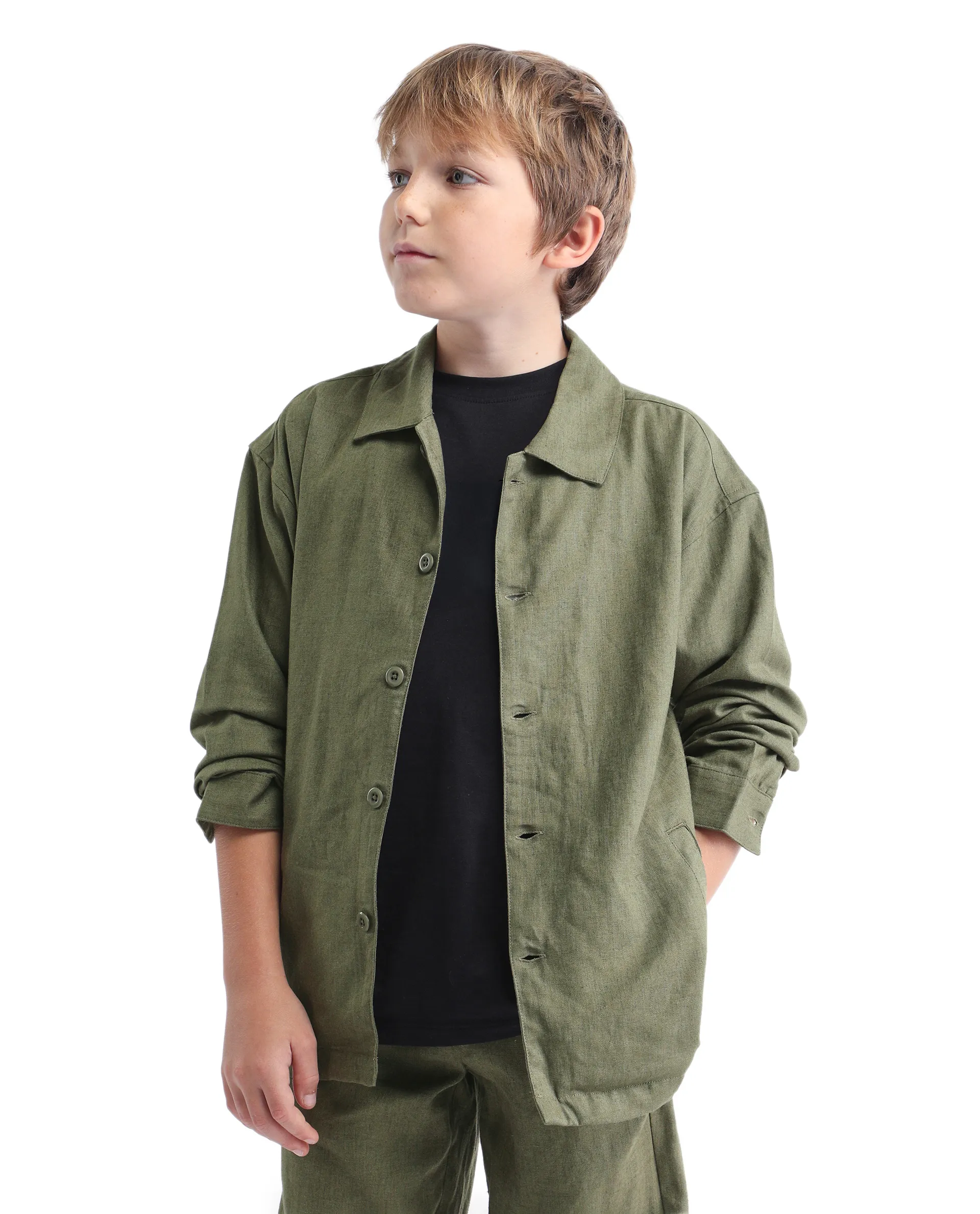 Rare Ones Kids Jomok-T Olive Linen Blend Button Closure Flat Collar Plain Full Sleeves Regular Fit Jacket - Image 4