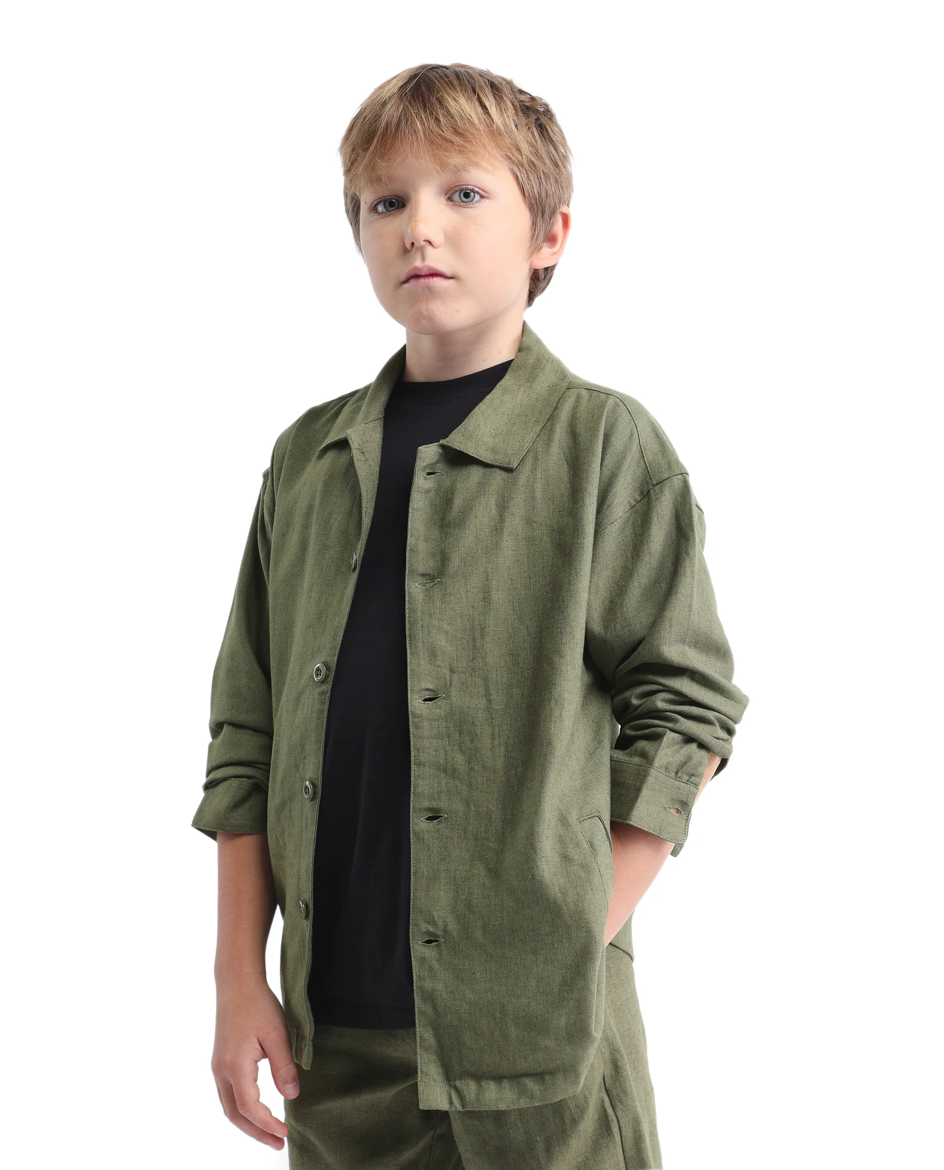 Rare Ones Kids Jomok-T Olive Linen Blend Button Closure Flat Collar Plain Full Sleeves Regular Fit Jacket - Image 5
