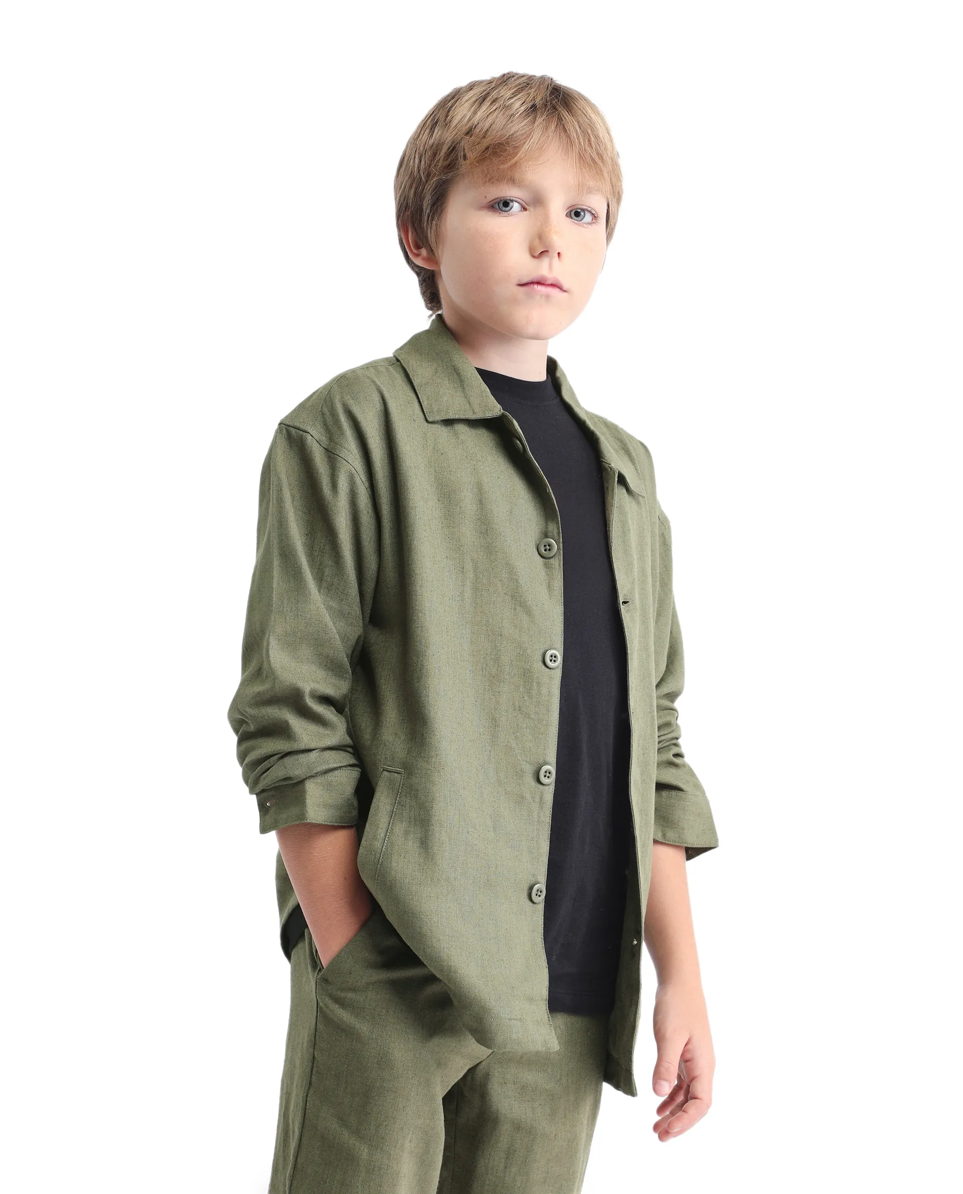 Rare Ones Kids Jomok-T Olive Linen Blend Button Closure Flat Collar Plain Full Sleeves Regular Fit Jacket - Image 6