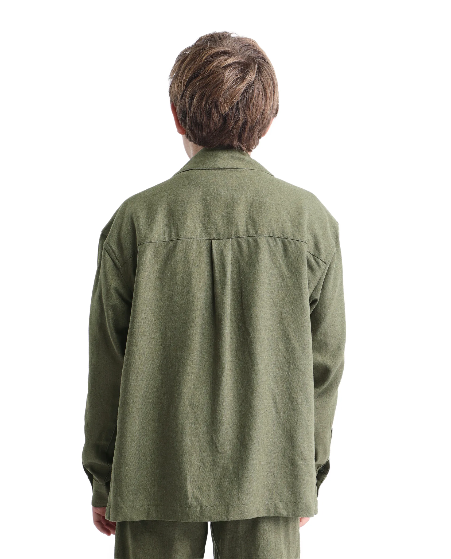 Rare Ones Kids Jomok-T Olive Linen Blend Button Closure Flat Collar Plain Full Sleeves Regular Fit Jacket - Image 7