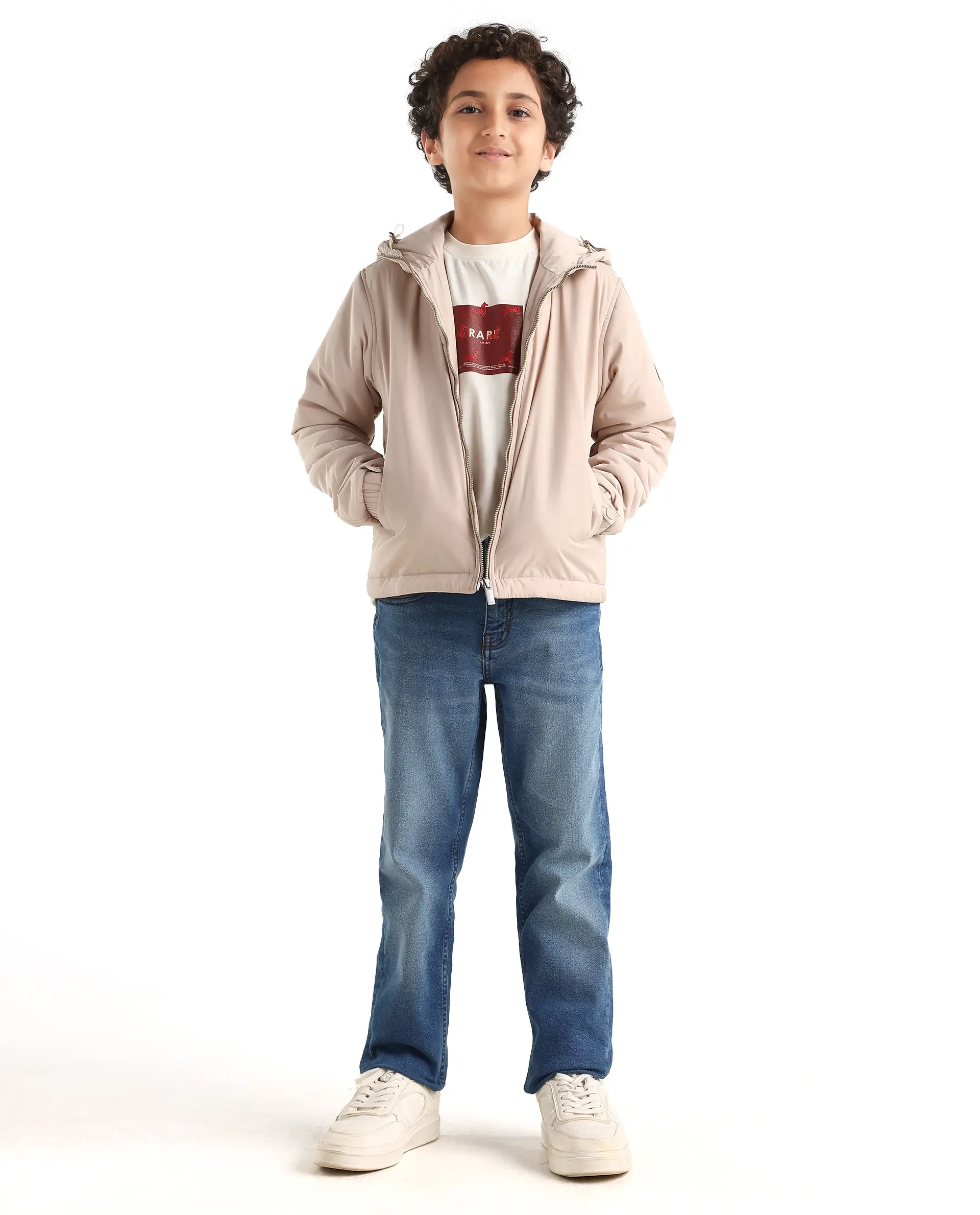 Rare Ones Kids Kost-K Beige Polyester Zipper Closure Hooded Plain Full Sleeves Regular Fit Jacket - Image 2