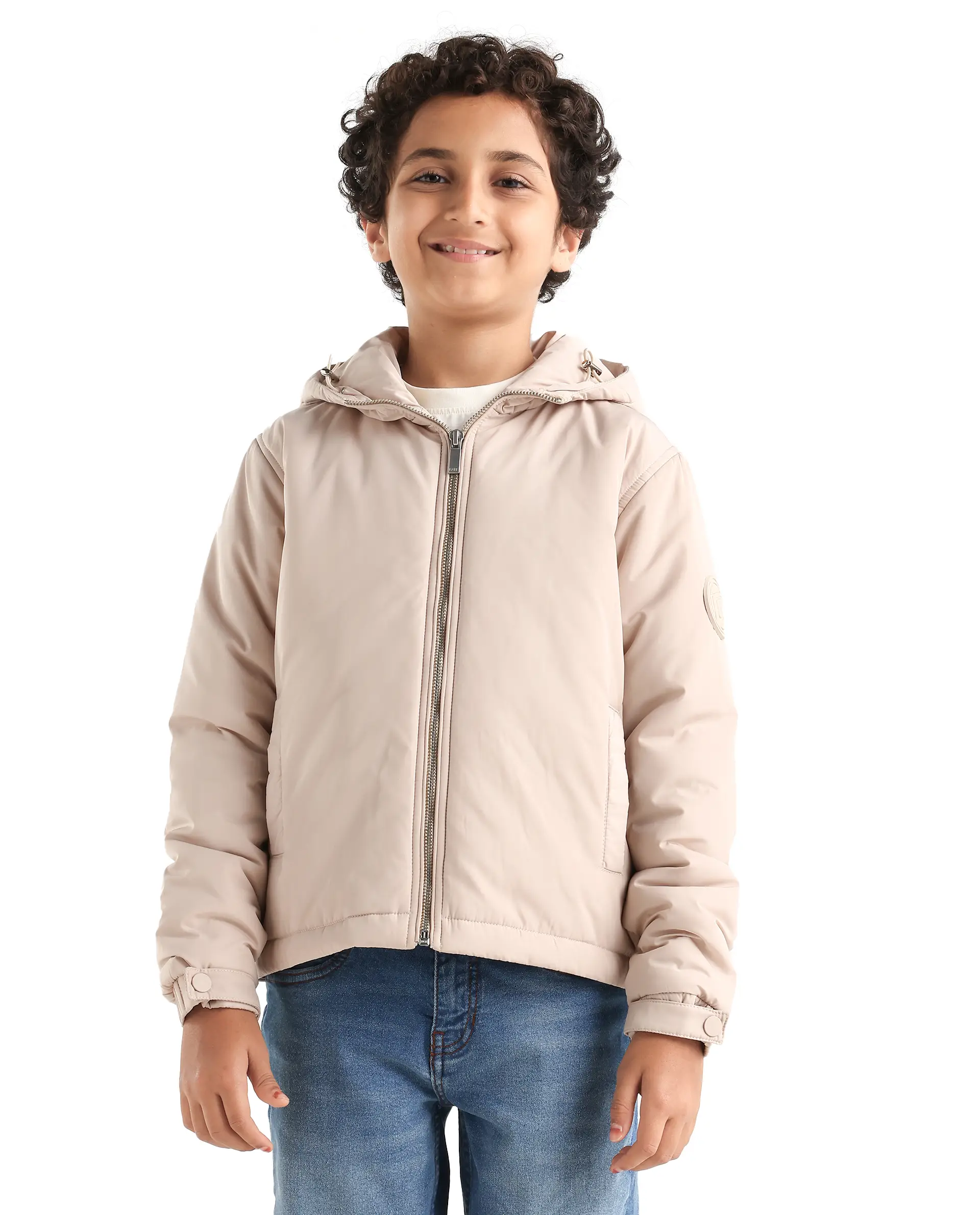 Rare Ones Kids Kost-K Beige Polyester Zipper Closure Hooded Plain Full Sleeves Regular Fit Jacket - Image 3