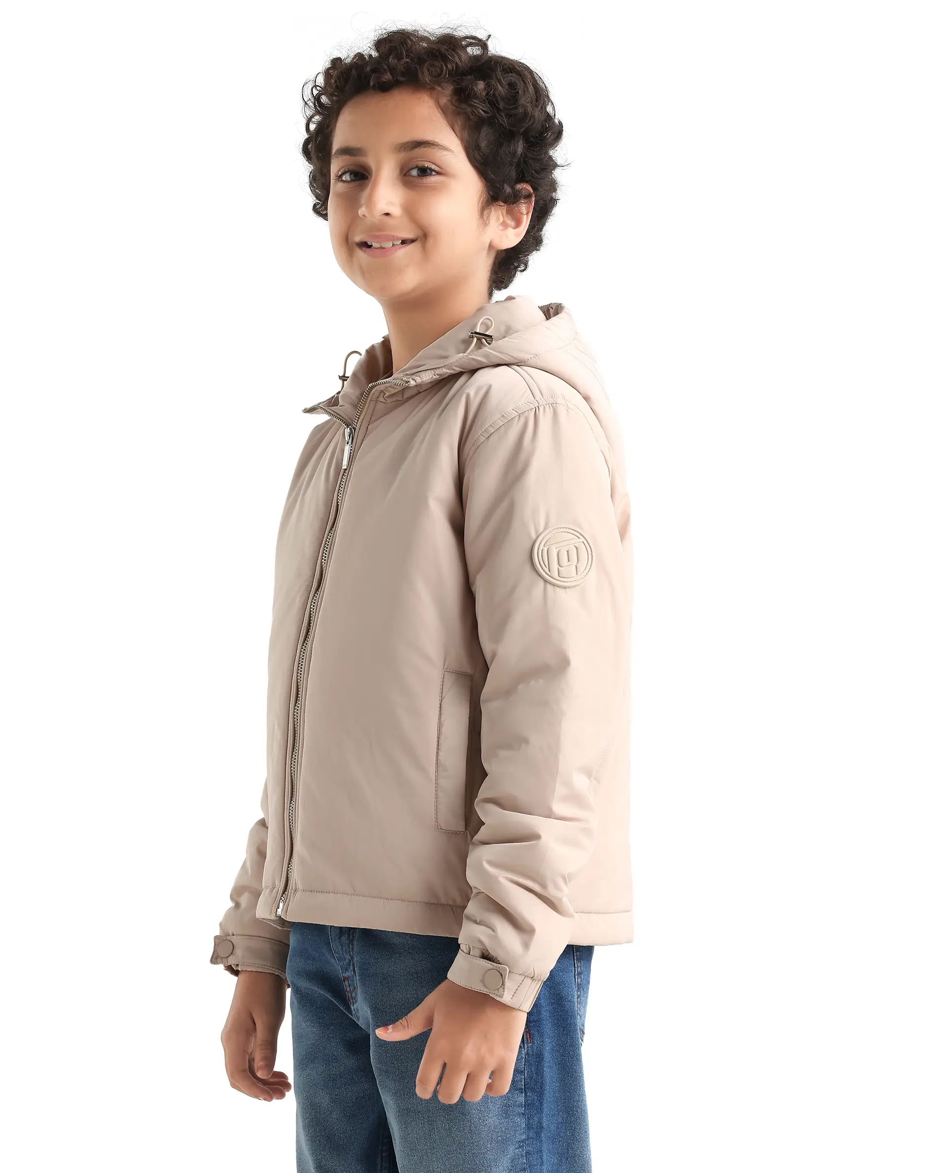 Rare Ones Kids Kost-K Beige Polyester Zipper Closure Hooded Plain Full Sleeves Regular Fit Jacket - Image 5
