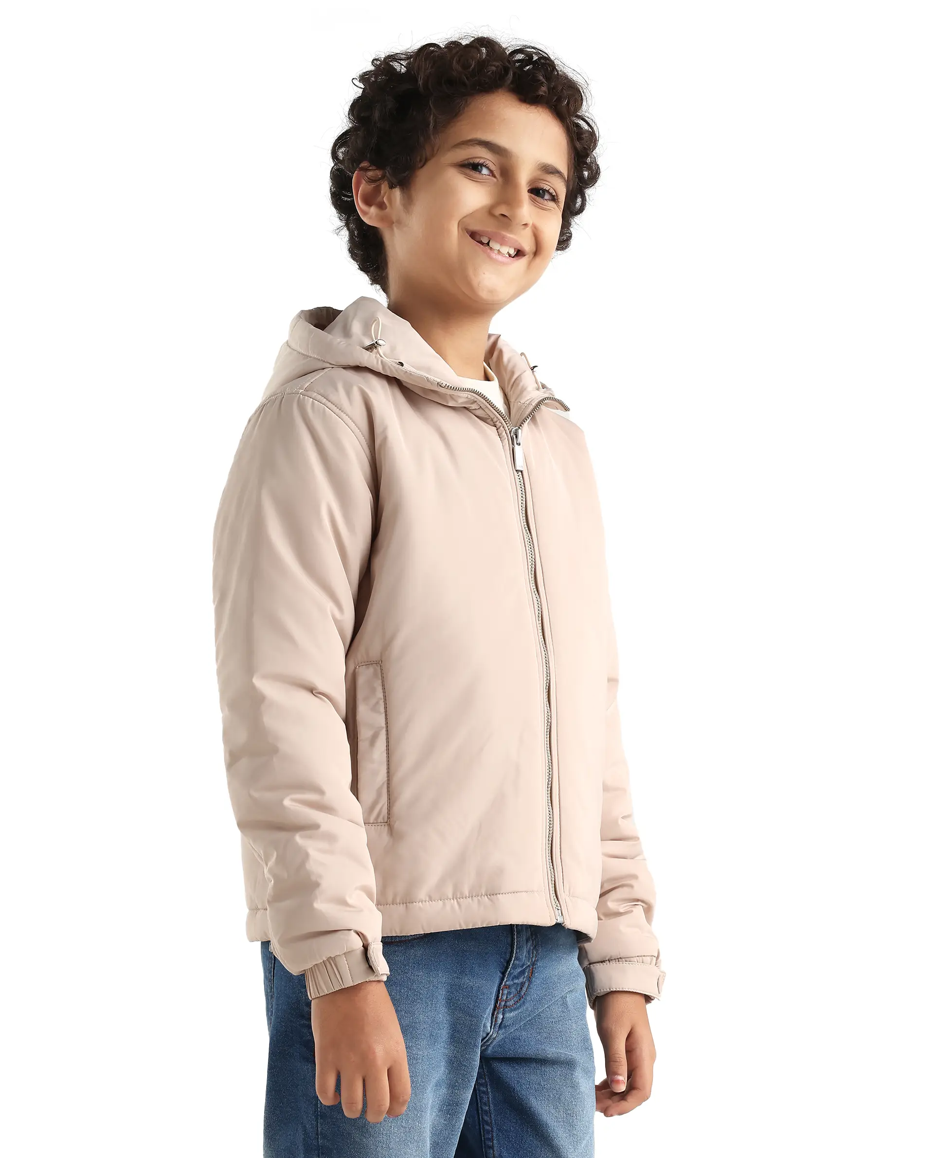 Rare Ones Kids Kost-K Beige Polyester Zipper Closure Hooded Plain Full Sleeves Regular Fit Jacket - Image 6