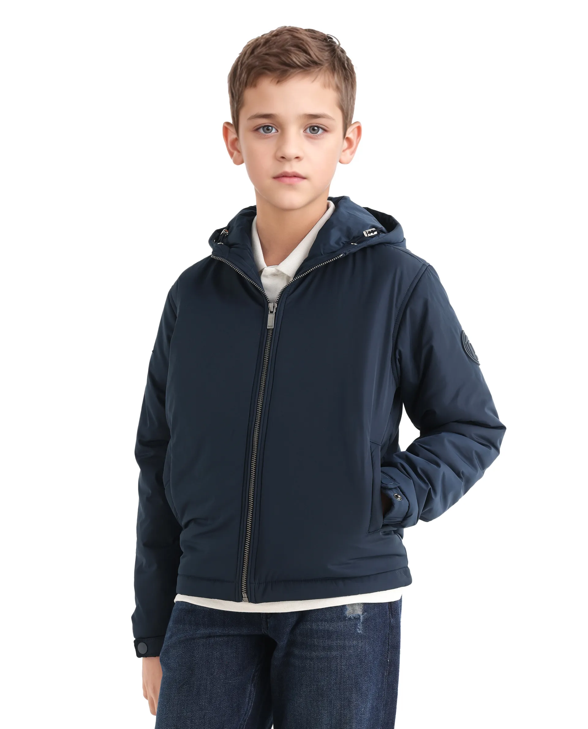 Rare Ones Kids Kost-K Navy Polyester Zipper Closure Hooded Plain Full Sleeves Regular Fit Jacket - Image 6