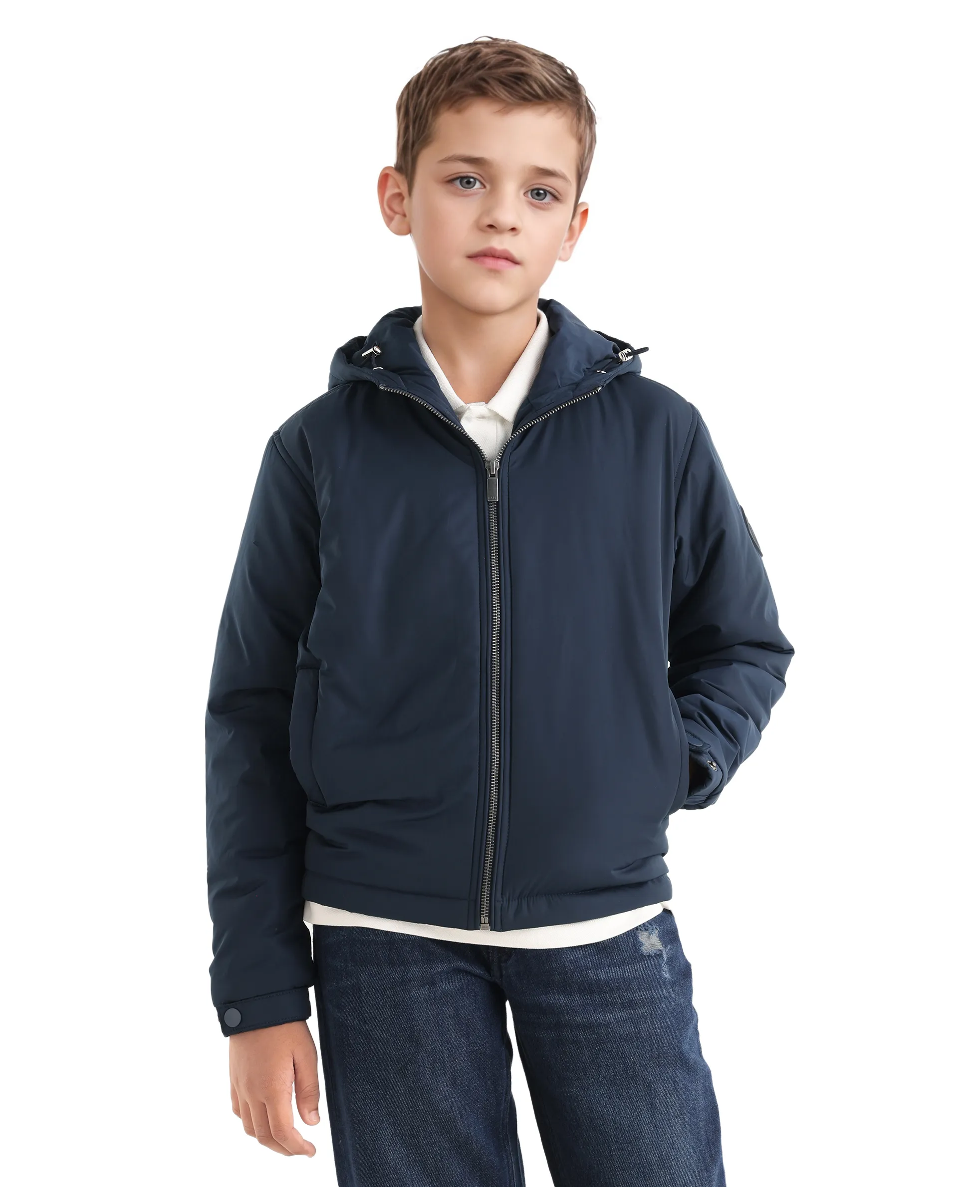 Rare Ones Kids Kost-K Navy Polyester Zipper Closure Hooded Plain Full Sleeves Regular Fit Jacket - Image 7