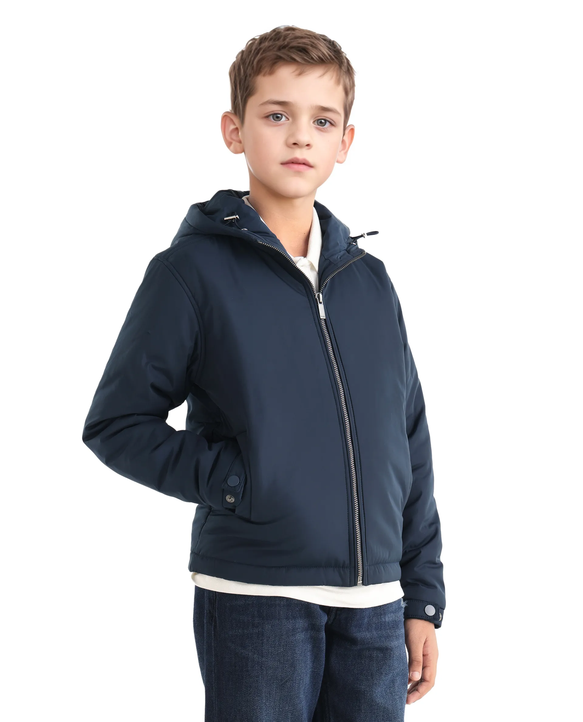 Rare Ones Kids Kost-K Navy Polyester Zipper Closure Hooded Plain Full Sleeves Regular Fit Jacket - Image 8