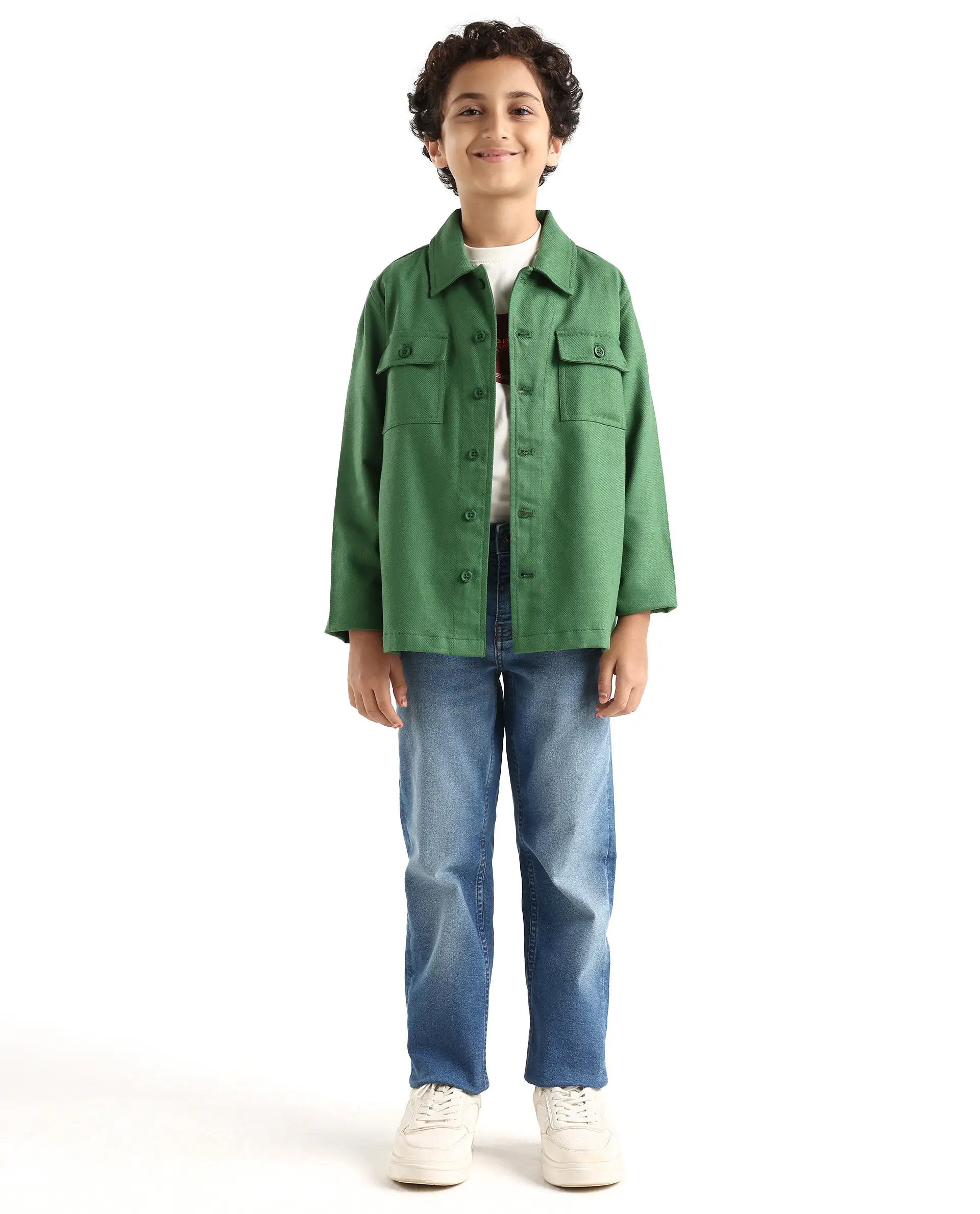 Rare Ones Kids Masa Green Cotton Button Closure Flat Collar Plain Full Sleeves Slim Fit Jacket - Image 2