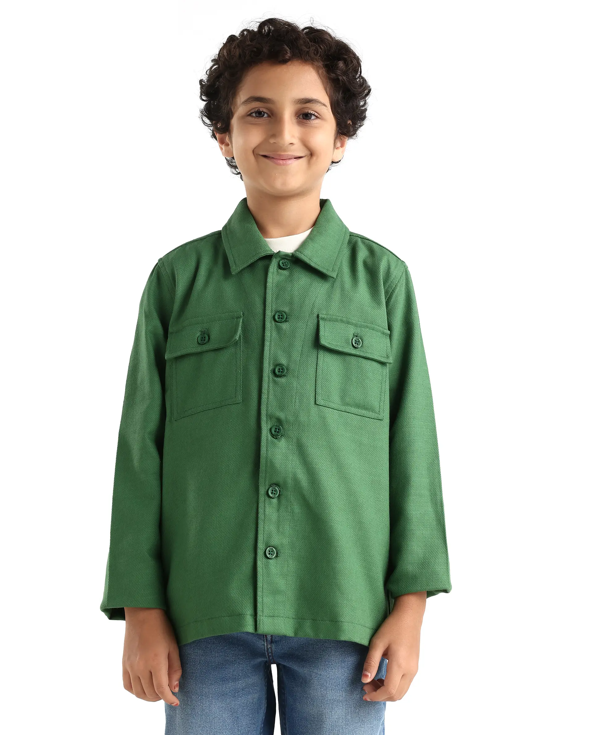 Rare Ones Kids Masa Green Cotton Button Closure Flat Collar Plain Full Sleeves Slim Fit Jacket - Image 3