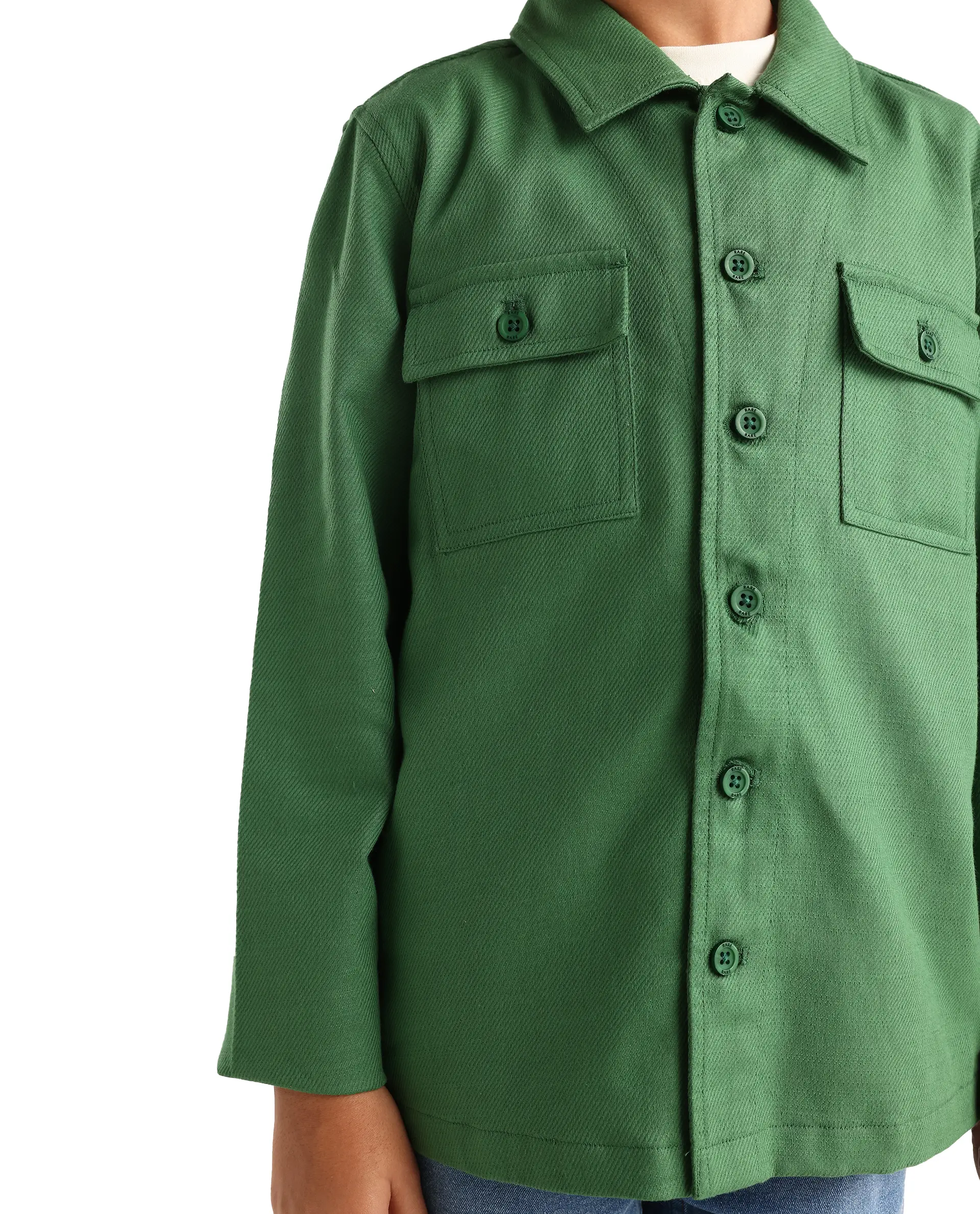 Rare Ones Kids Masa Green Cotton Button Closure Flat Collar Plain Full Sleeves Slim Fit Jacket - Image 4