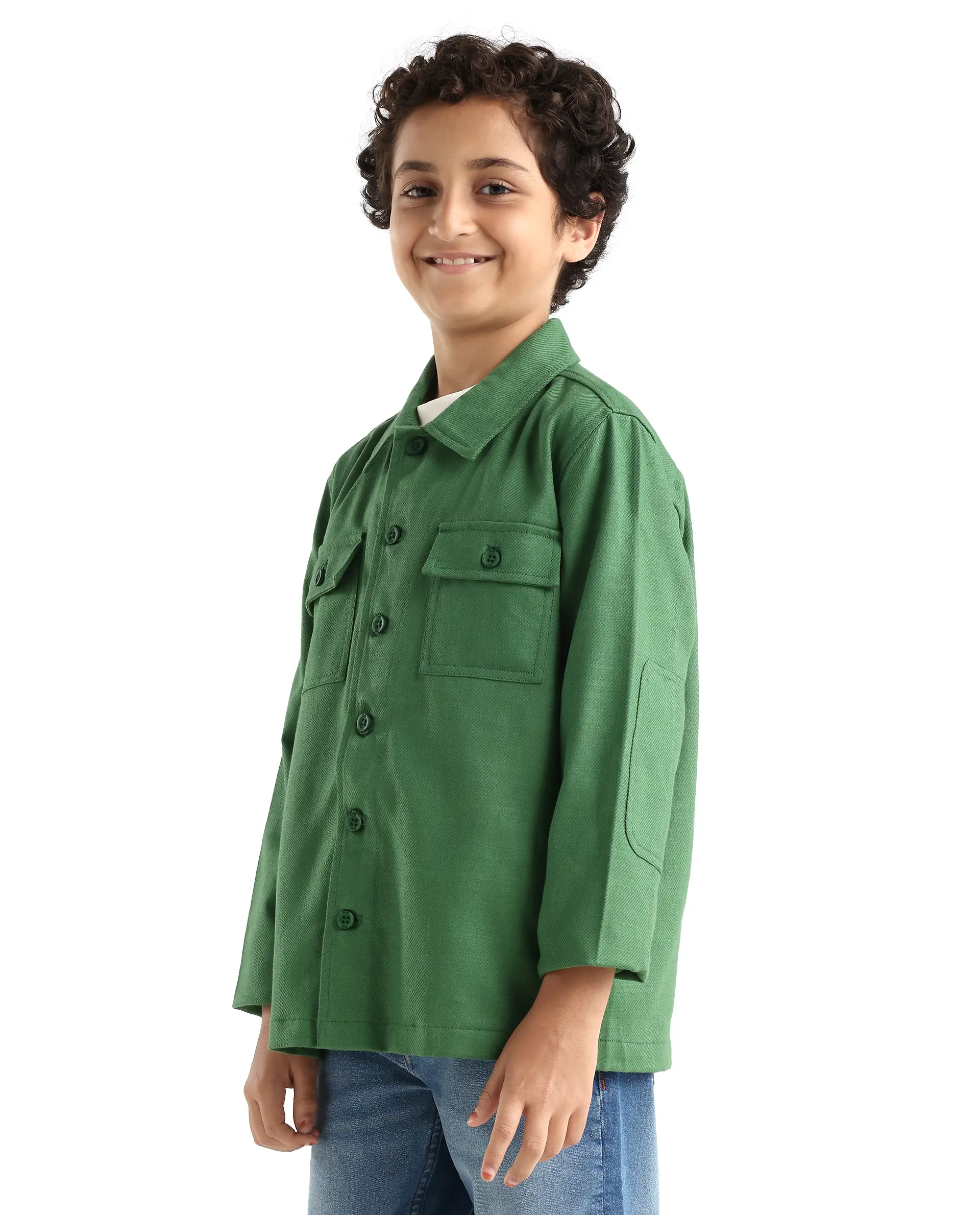 Rare Ones Kids Masa Green Cotton Button Closure Flat Collar Plain Full Sleeves Slim Fit Jacket - Image 5