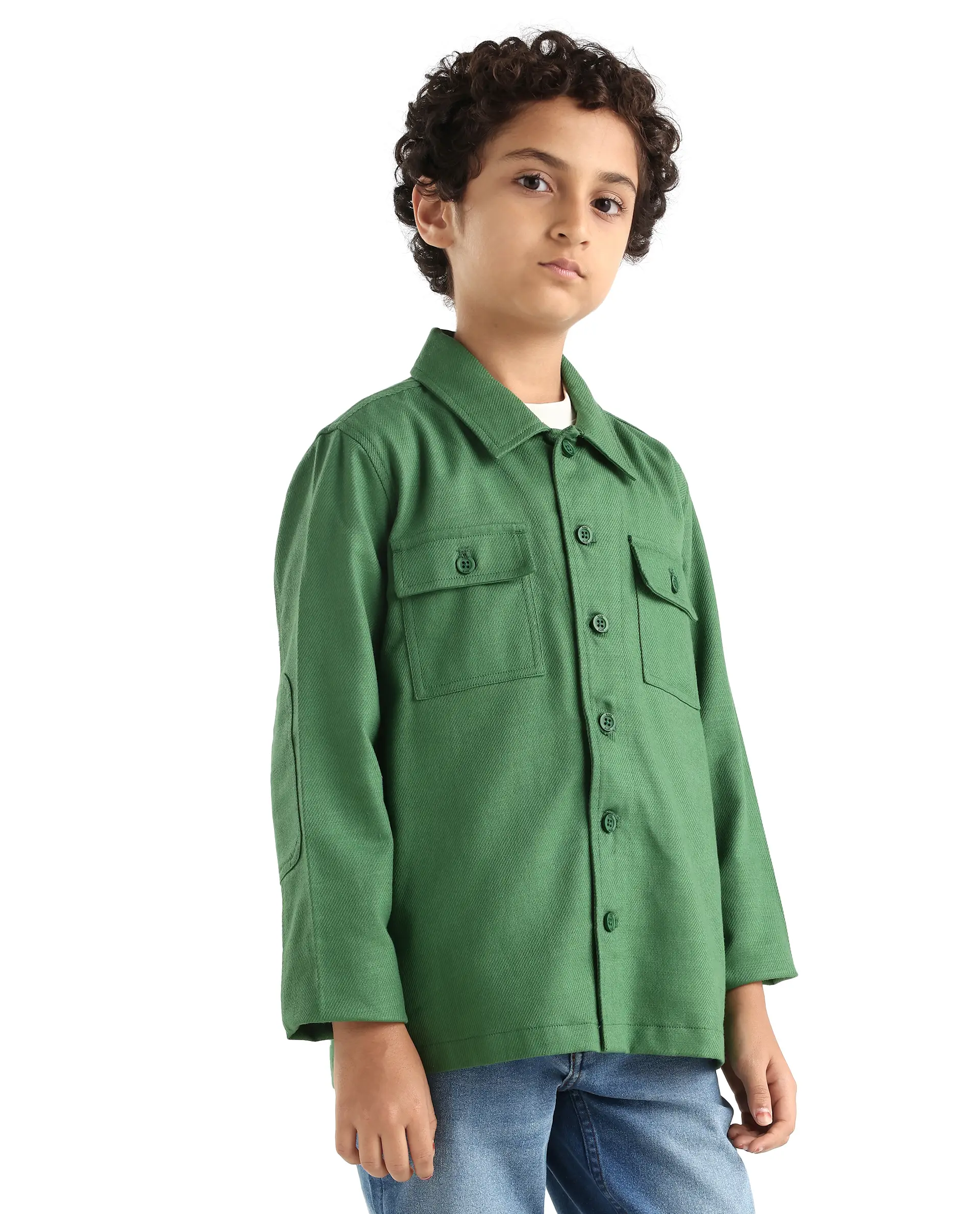 Rare Ones Kids Masa Green Cotton Button Closure Flat Collar Plain Full Sleeves Slim Fit Jacket - Image 6