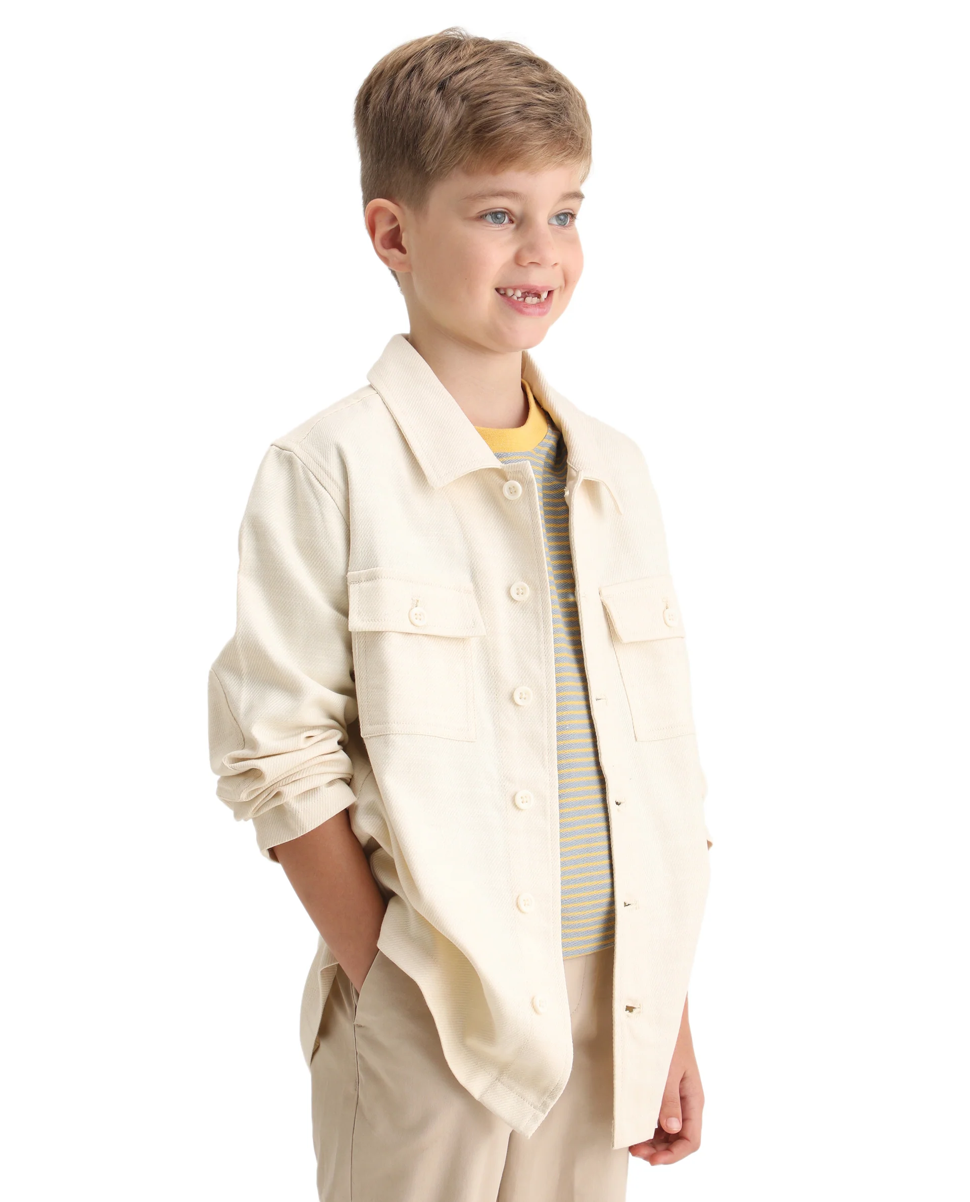 Rare Ones Kids Masa Off White Cotton Button Closure Flat Collar Plain Full Sleeves Slim Fit Jacket - Image 2