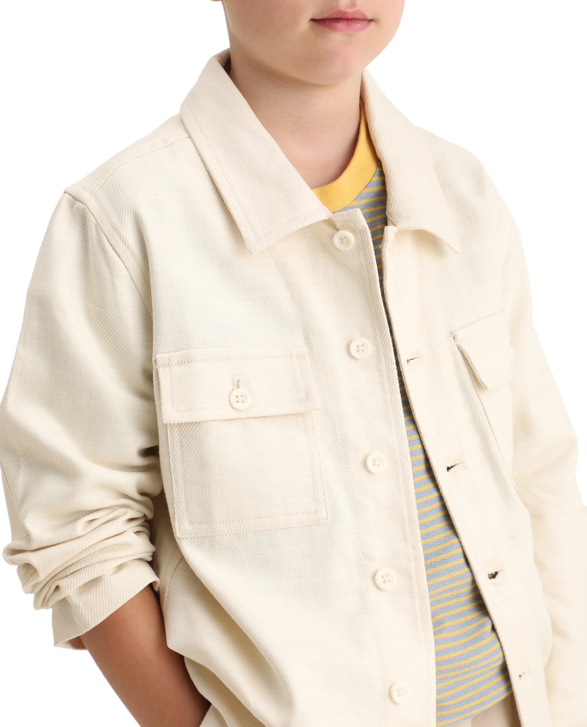 Rare Ones Kids Masa Off White Cotton Button Closure Flat Collar Plain Full Sleeves Slim Fit Jacket - Image 3