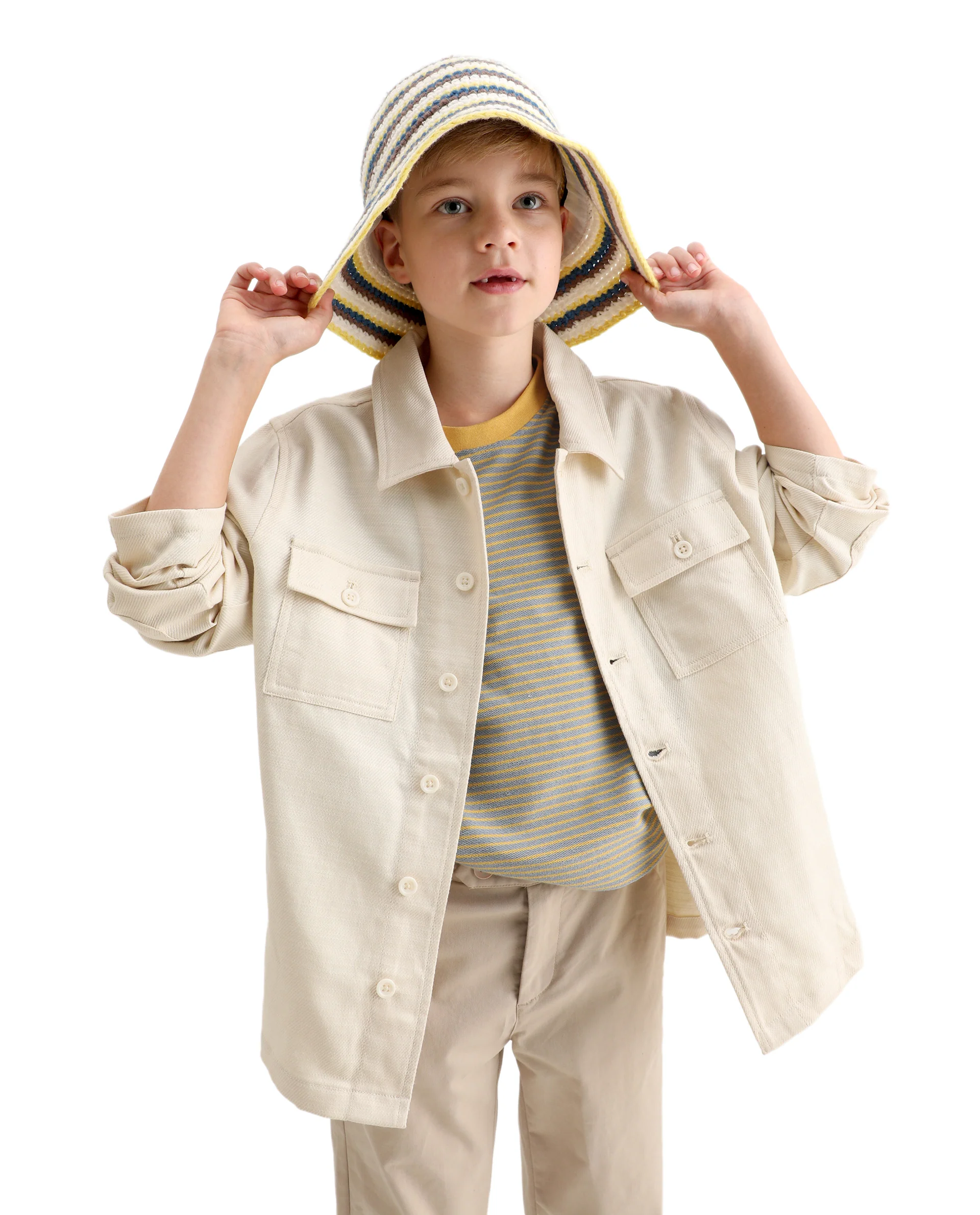 Rare Ones Kids Masa Off White Cotton Button Closure Flat Collar Plain Full Sleeves Slim Fit Jacket - Image 4