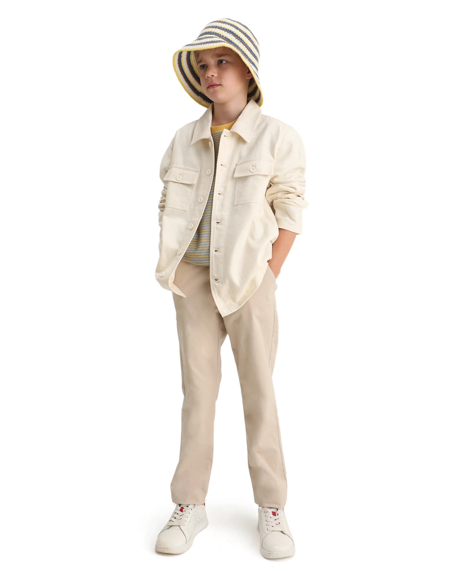 Rare Ones Kids Masa Off White Cotton Button Closure Flat Collar Plain Full Sleeves Slim Fit Jacket - Image 6