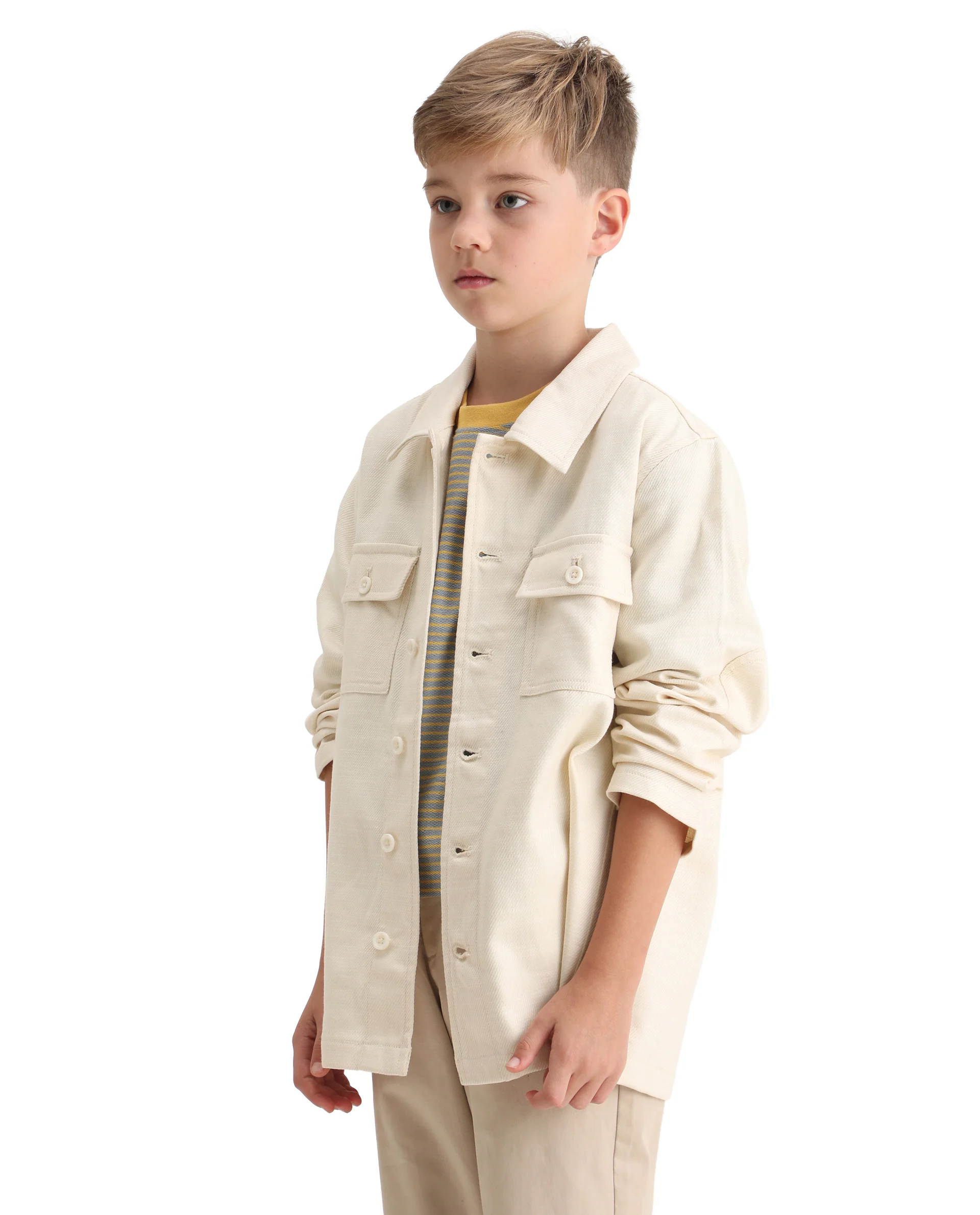 Rare Ones Kids Masa Off White Cotton Button Closure Flat Collar Plain Full Sleeves Slim Fit Jacket - Image 8