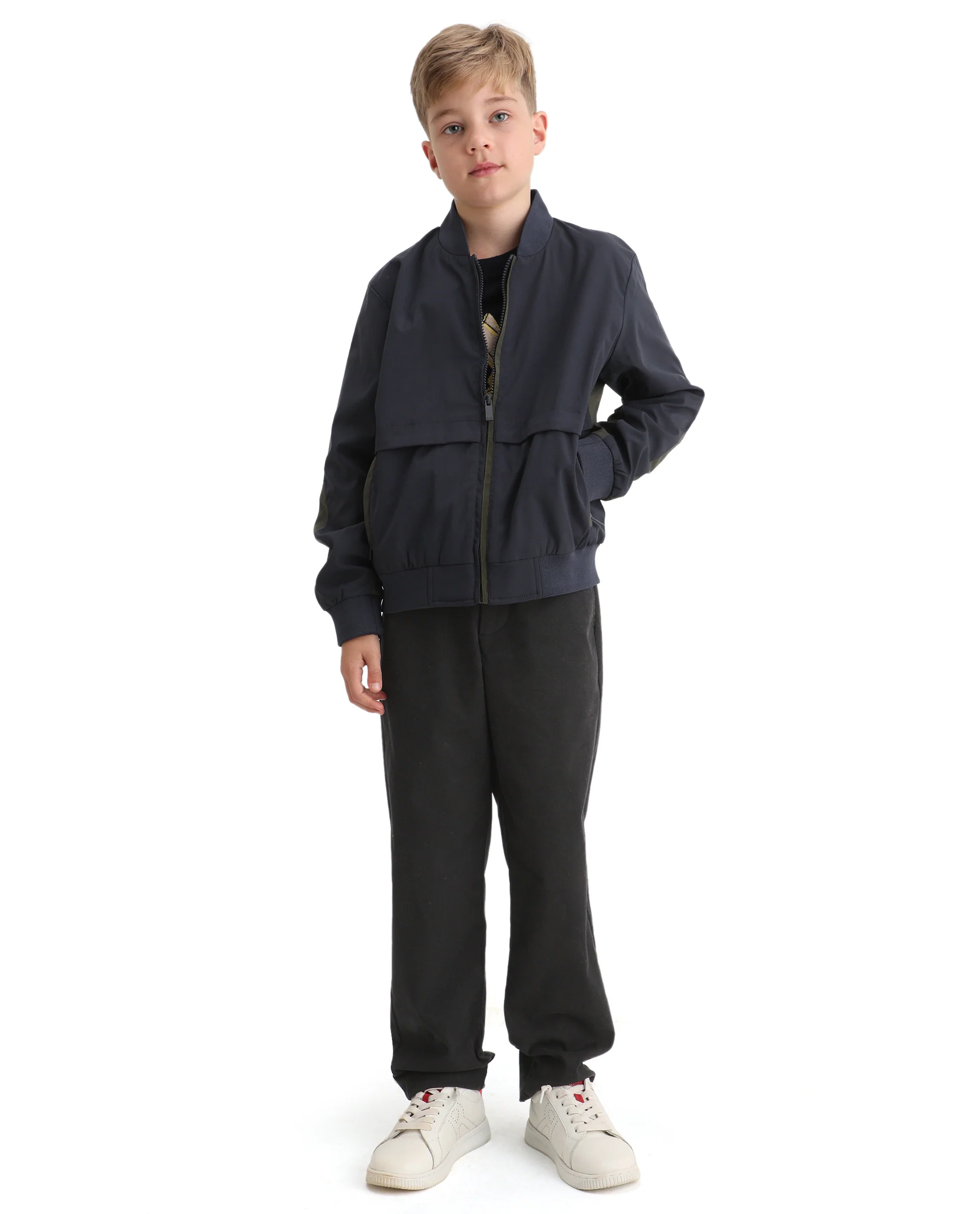 Rare Ones Kids Oza Navy Polyester Zipper Closure Ribbed Collar Plain Full Sleeves Regular Fit Jacket - Image 2