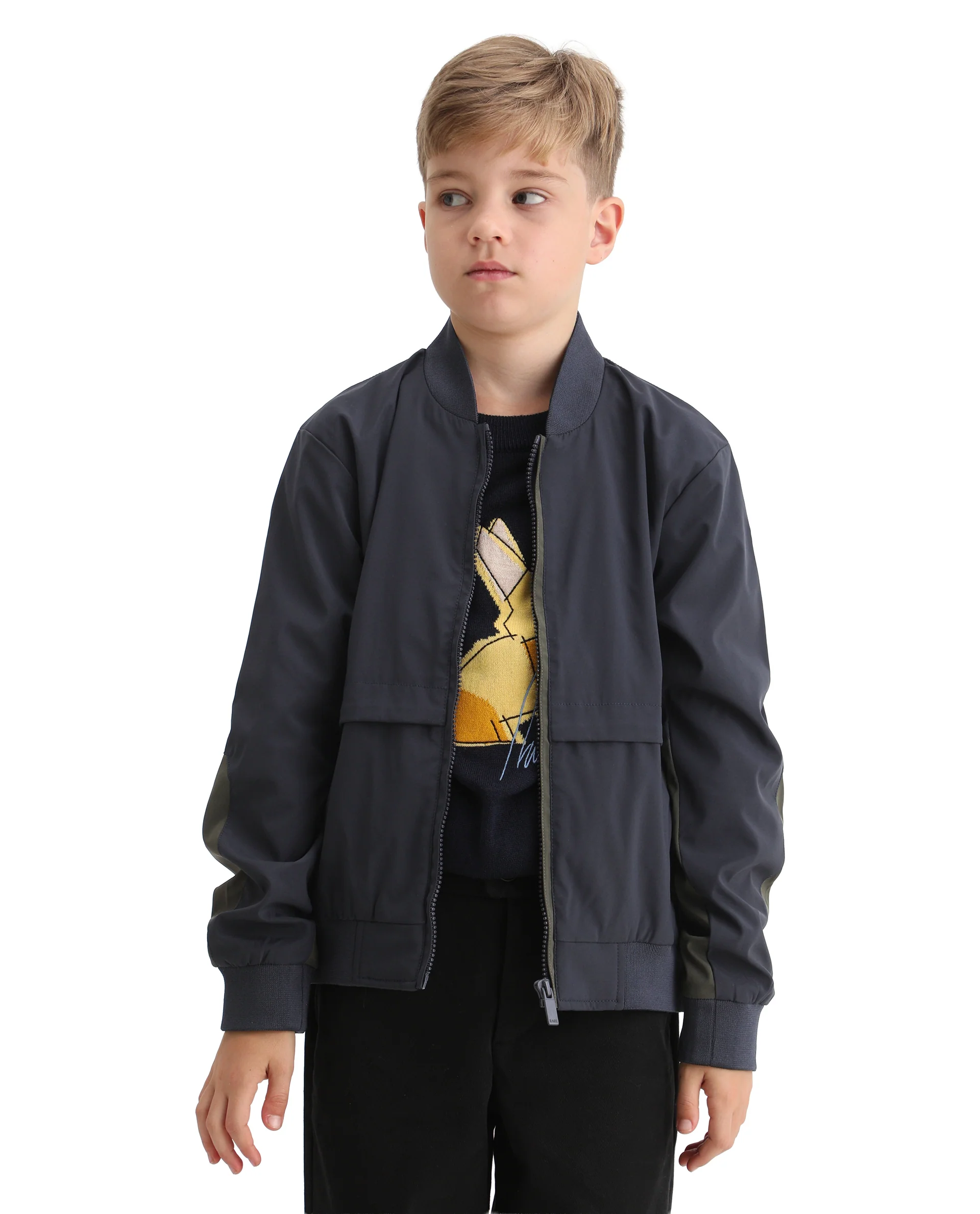Rare Ones Kids Oza Navy Polyester Zipper Closure Ribbed Collar Plain Full Sleeves Regular Fit Jacket - Image 4