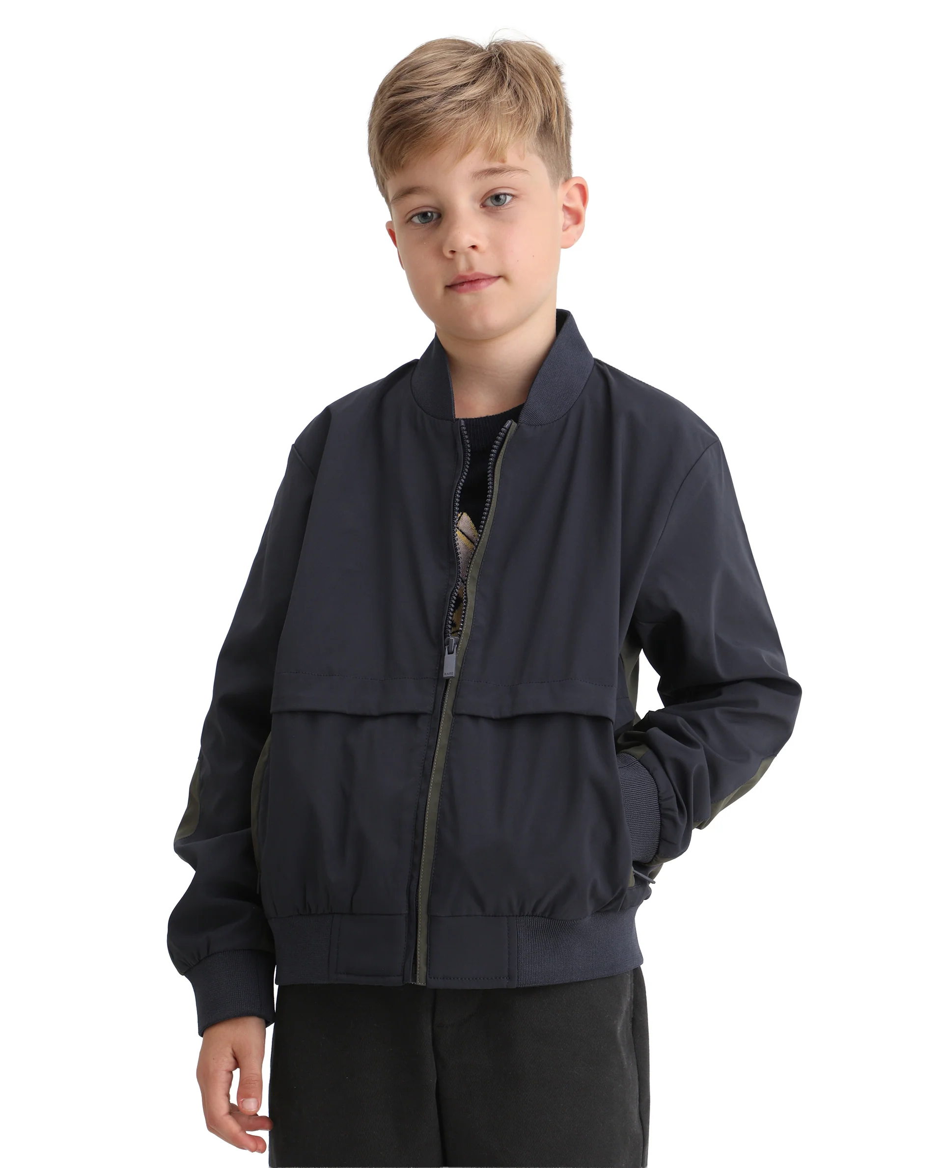 Rare Ones Kids Oza Navy Polyester Zipper Closure Ribbed Collar Plain Full Sleeves Regular Fit Jacket - Image 6