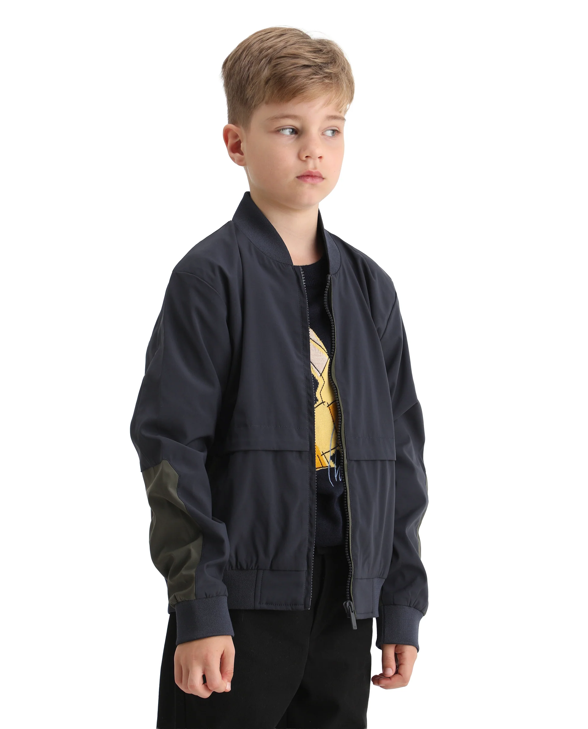 Rare Ones Kids Oza Navy Polyester Zipper Closure Ribbed Collar Plain Full Sleeves Regular Fit Jacket - Image 7