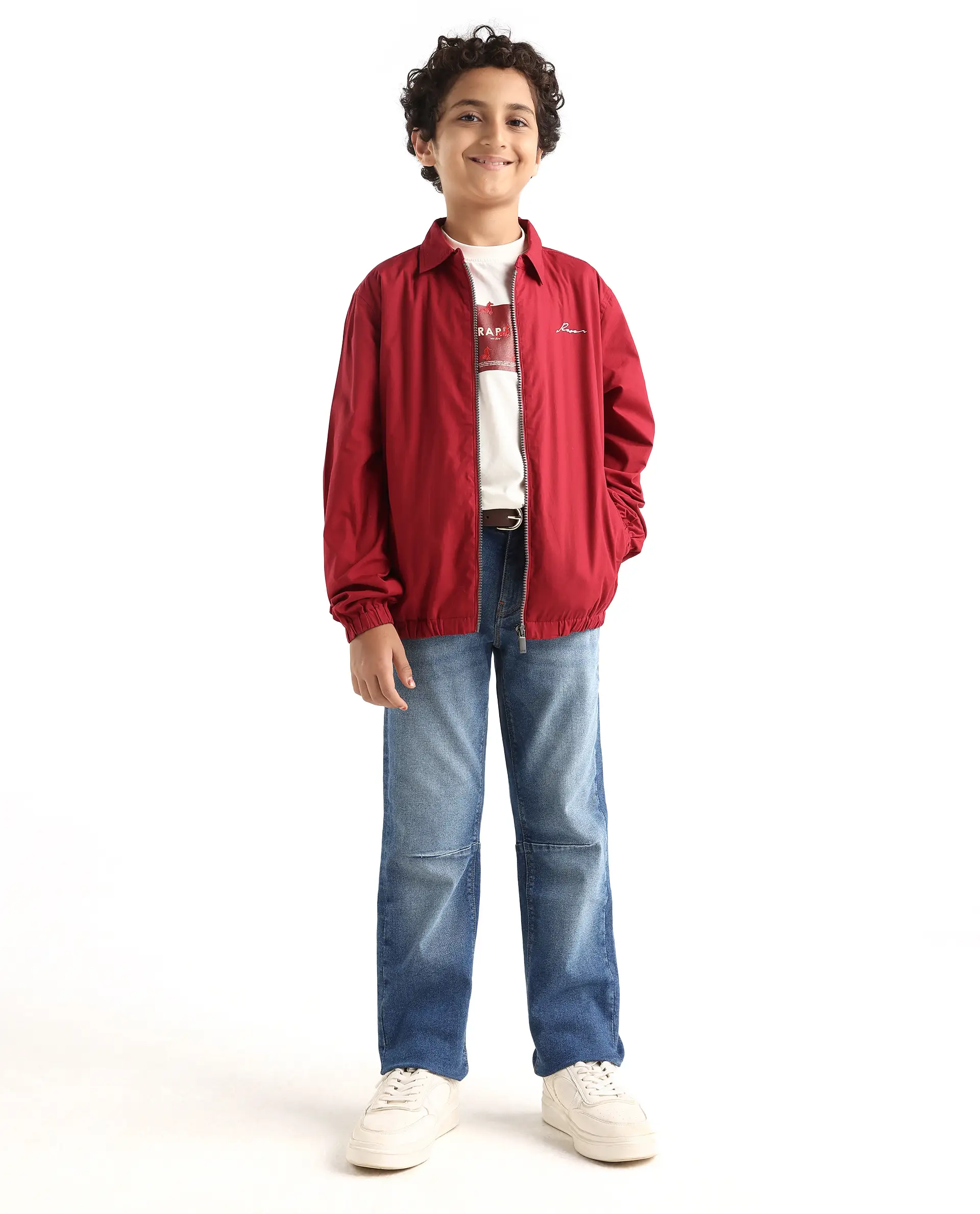 Rare Ones Kids Piba Red Cotton Zipper Closure Spread Collar Plain Full Sleeves Slim Fit Jacket - Image 2