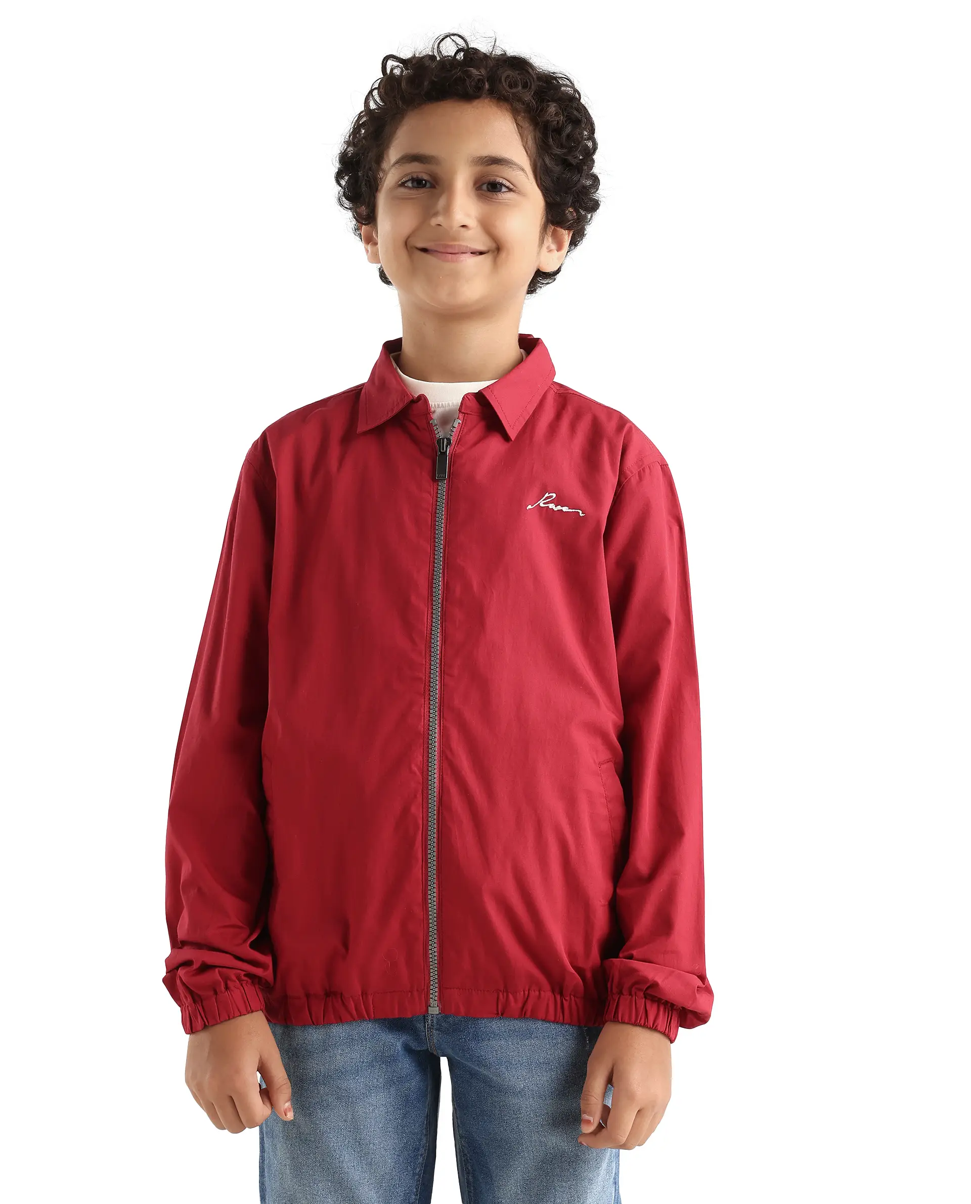 Rare Ones Kids Piba Red Cotton Zipper Closure Spread Collar Plain Full Sleeves Slim Fit Jacket - Image 3
